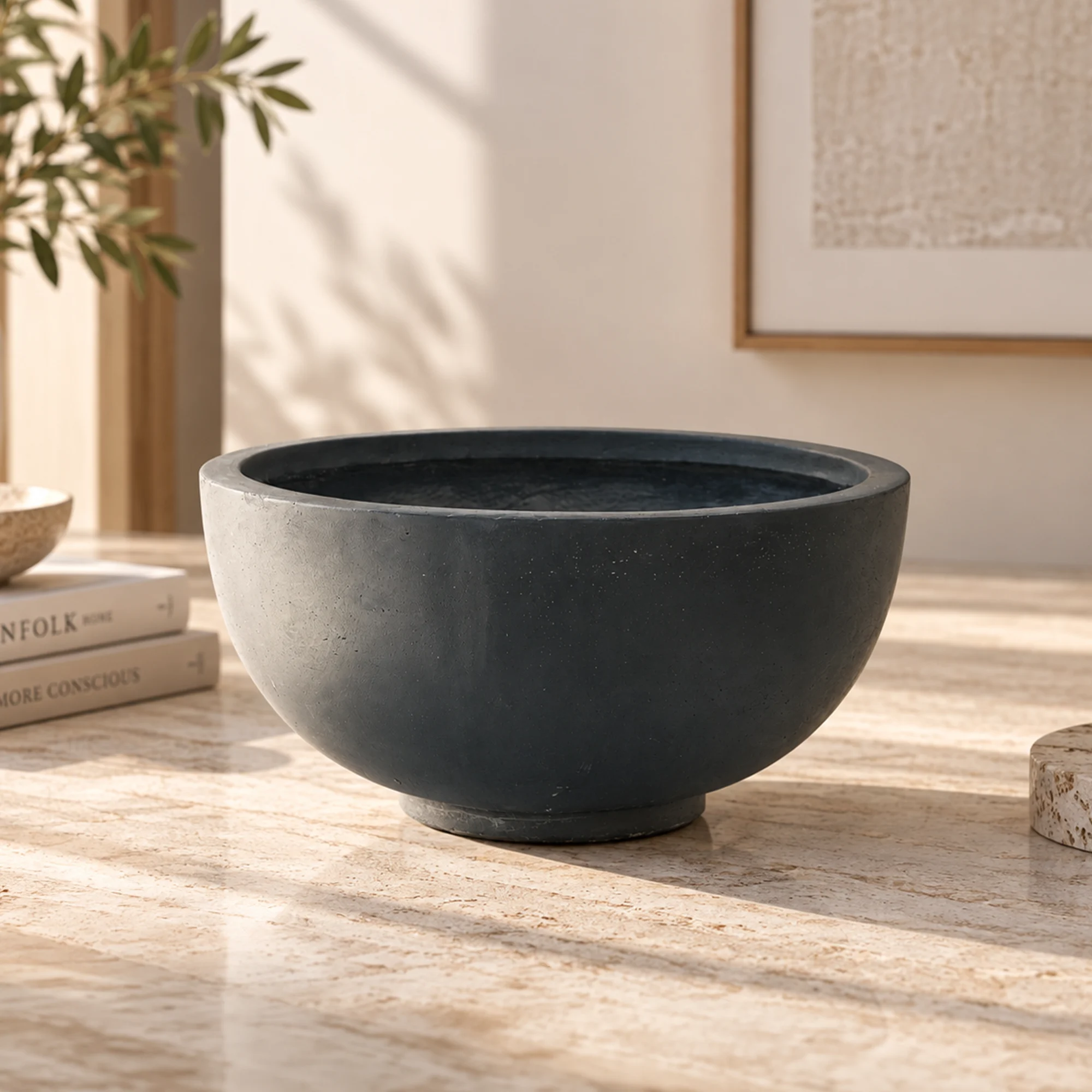 Large grey round plant pot for indoor plants and home décor