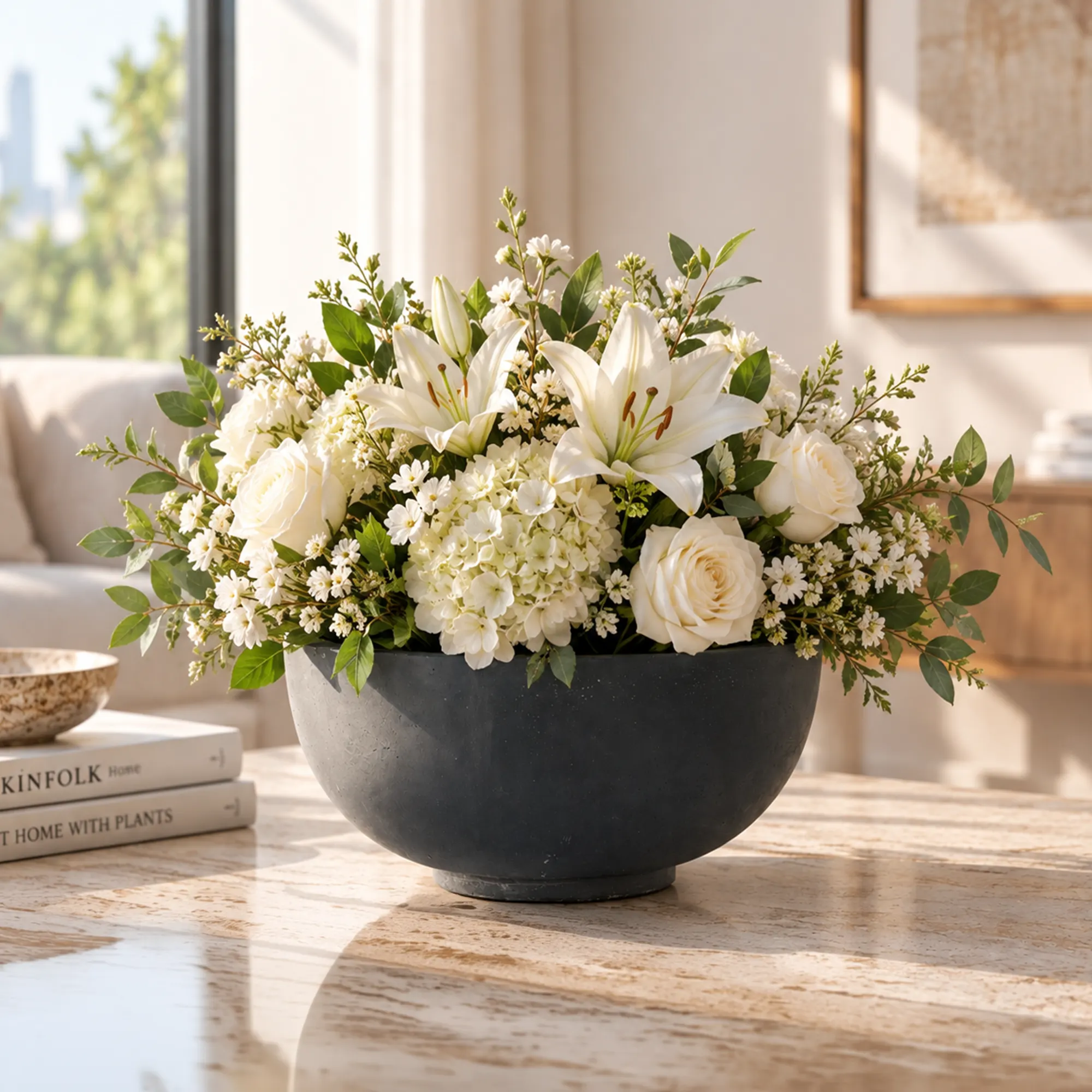 Large grey round plant pot for indoor plants and home décor