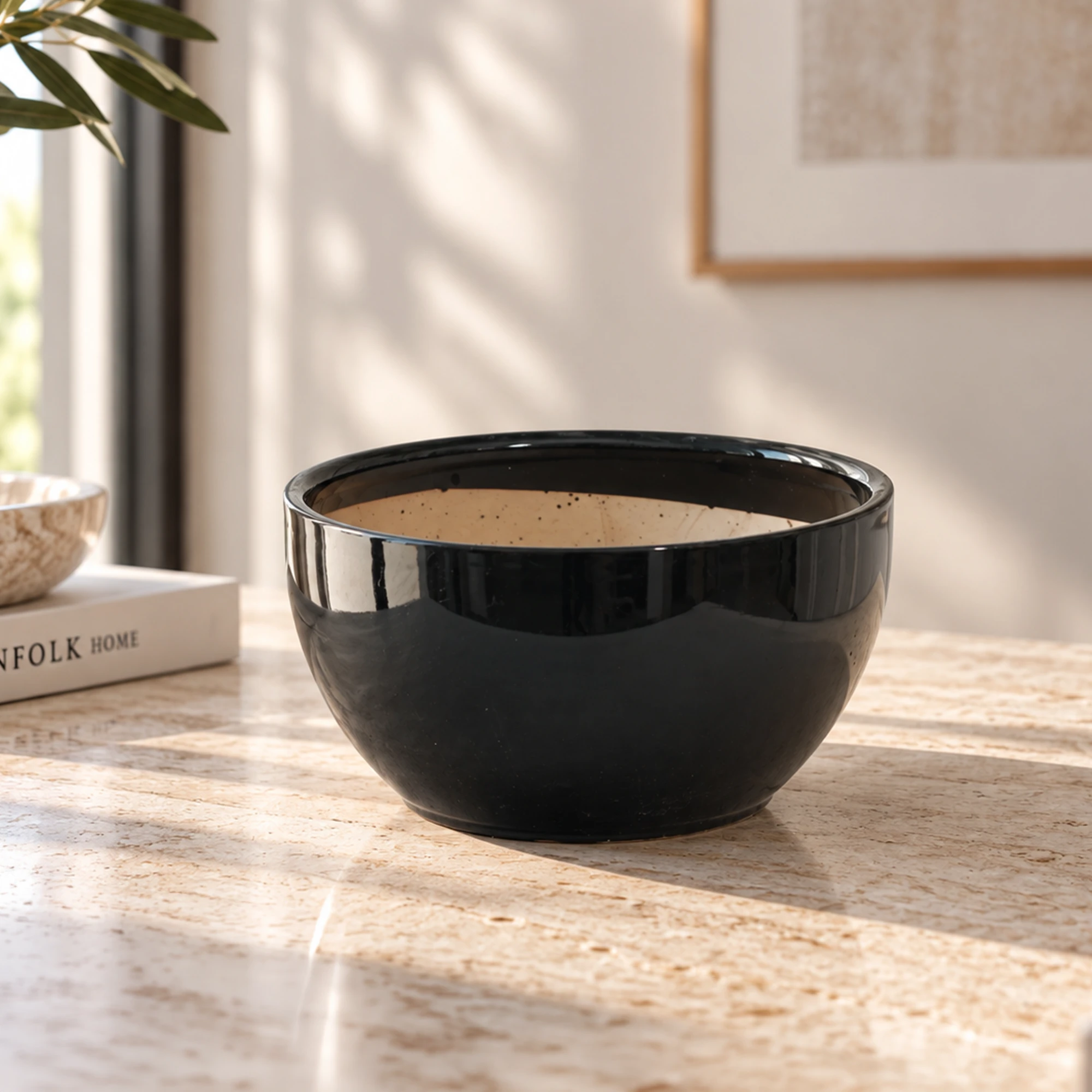 Black glossy ceramic plant pot 13cm H × 22cm W for indoor plants and home décor