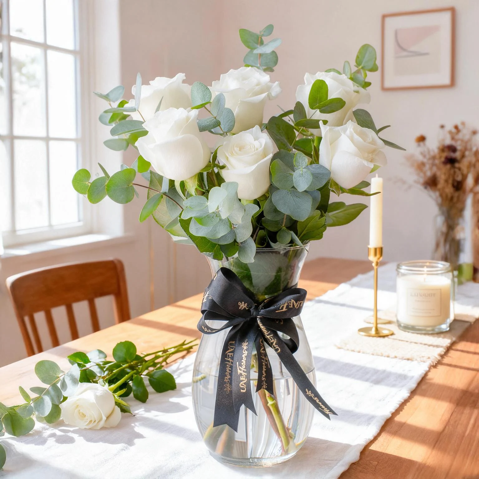 A clear glass vase featuring 6 premium white roses and fresh eucalyptus, tied with a black UAE Flowers ribbon, displayed elegantly on a table runner.