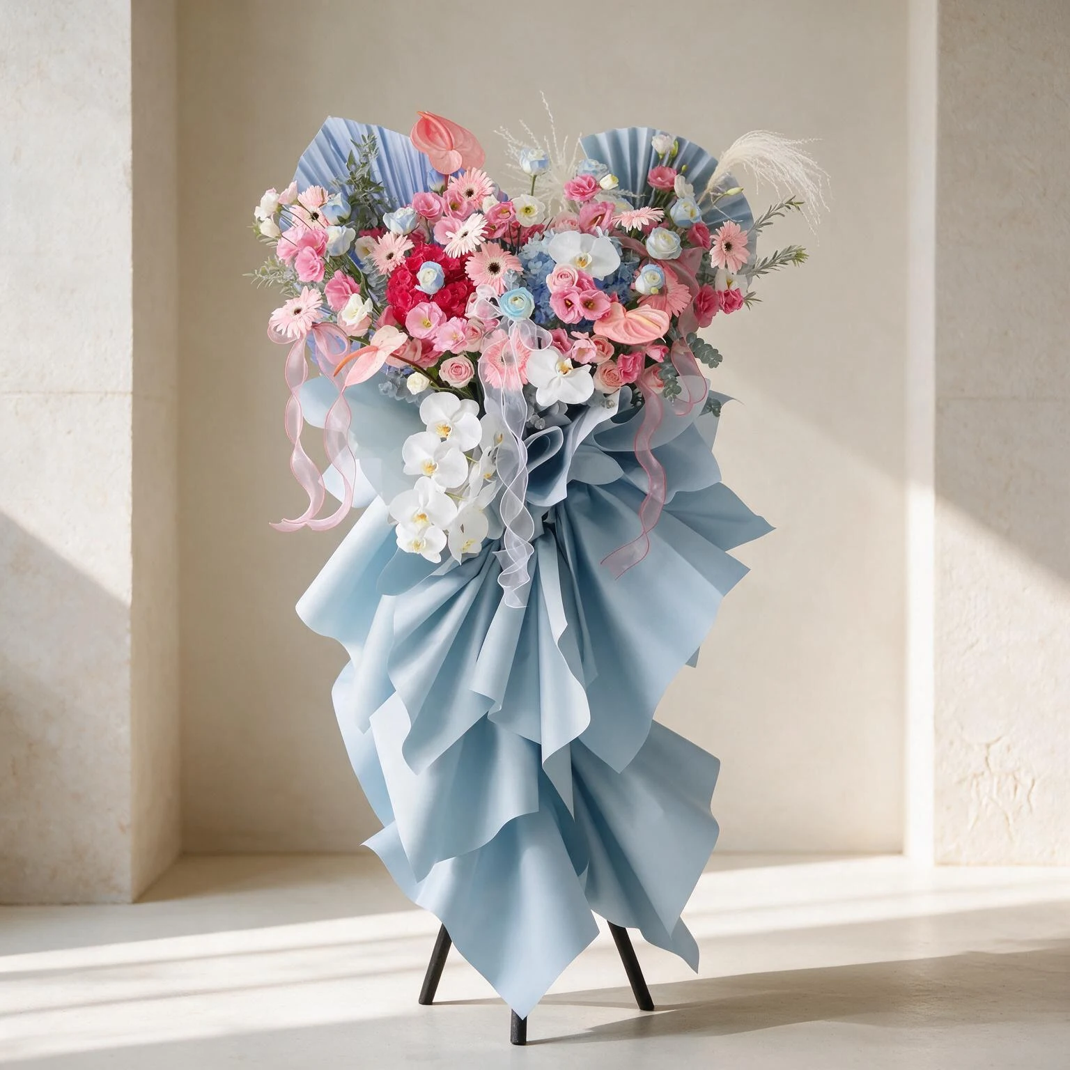 Pink and blue floral stand arrangement with white orchids, hydrangeas, gerberas, lisianthus and roses
