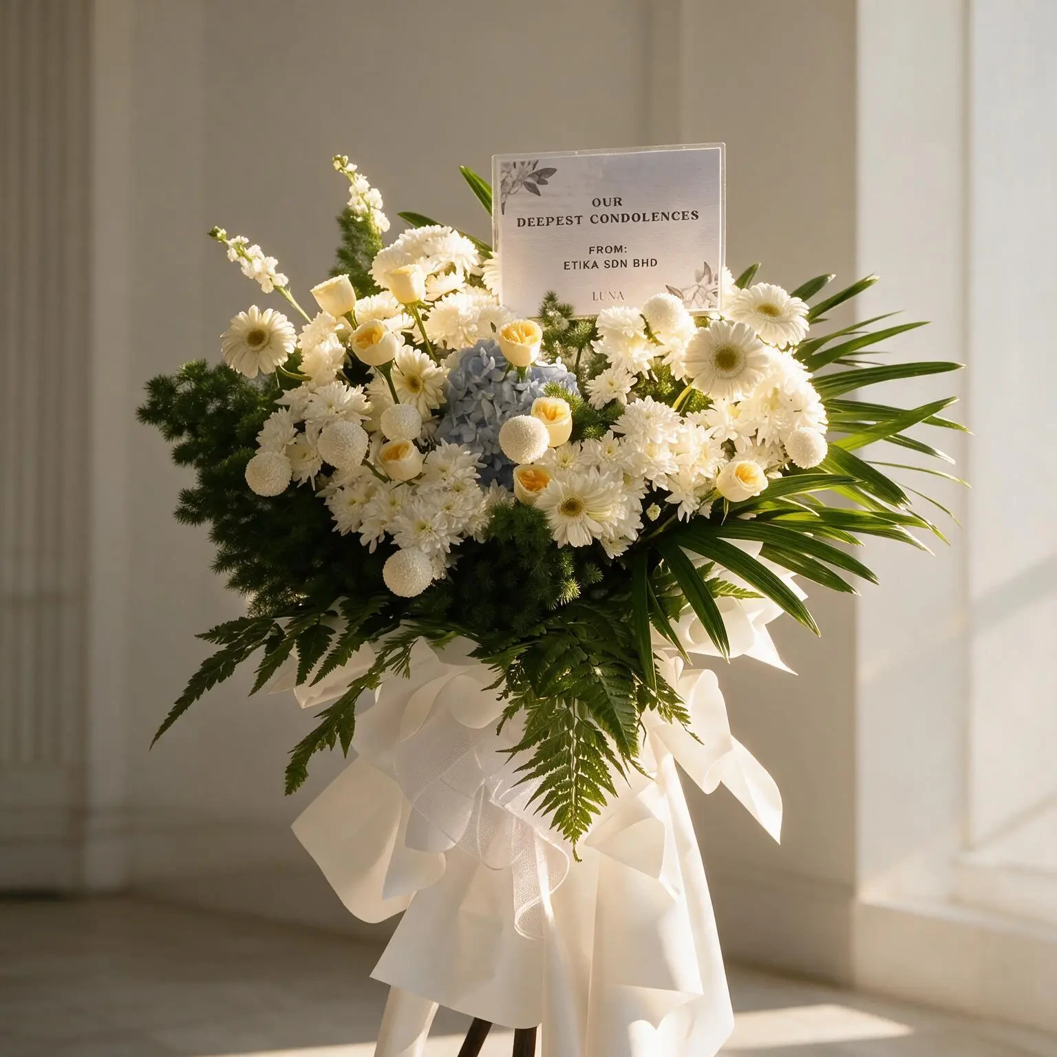 The Peaceful Serenity Sympathy Stand by UAE Flowers, featuring white chrysanthemums, peach roses, and blue hydrangea, presented with a condolence message card