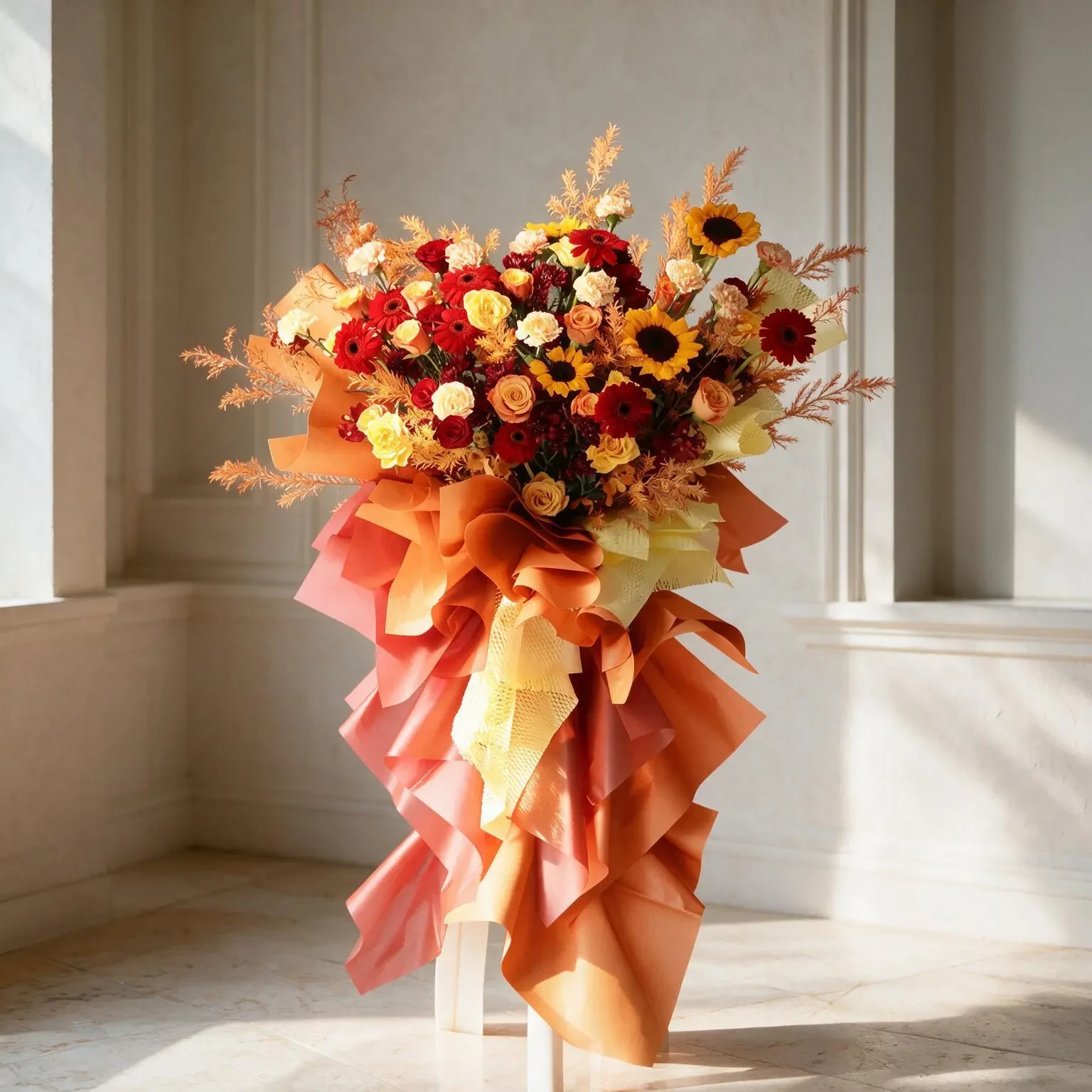 The Amber Glow Grand Inauguration Stand featuring vibrant sunflowers, red gerberas, and roses wrapped in cascading warm-toned paper on a display stand
