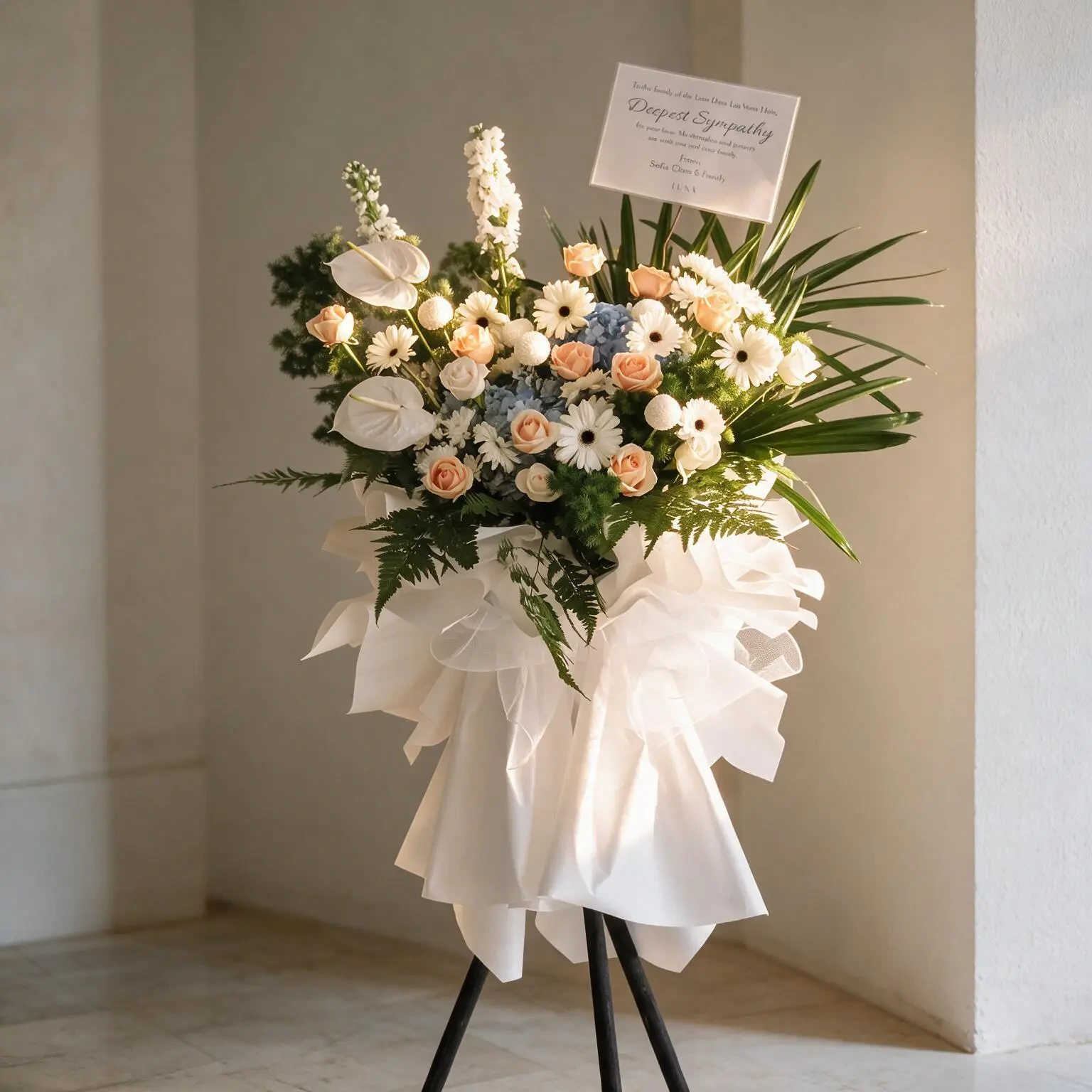 Sympathy flower stand Dubai, condolence flowers UAE, graceful tribute funeral stand, white anthurium sympathy, funeral flower delivery, memorial stand UAE Flowers