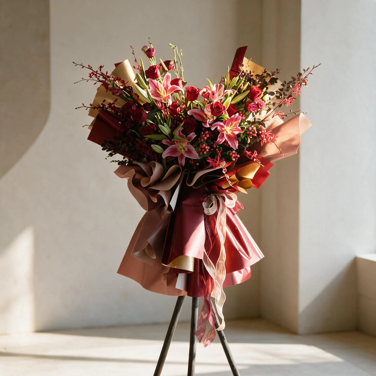 The Crimson Romance Floral Stand featuring red roses, pink lilies, and red Mokara orchids wrapped in elegant red and gold paper on a black display stand