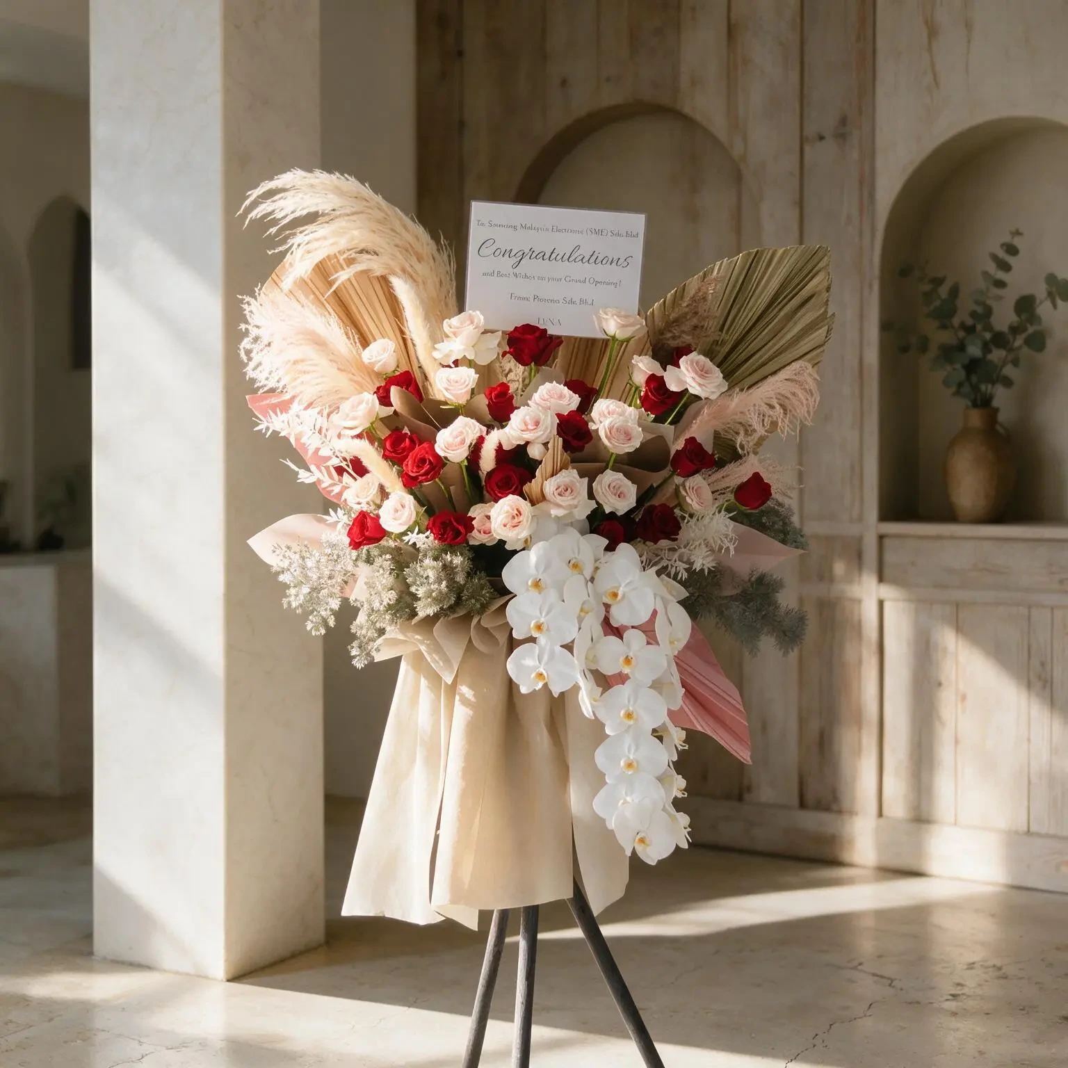 The Grand Boho Elegance Floral Stand by UAE Flowers featuring 50 red and pink roses, cascading white orchids, pampas grass, and dried palm leaves on a tripod stand