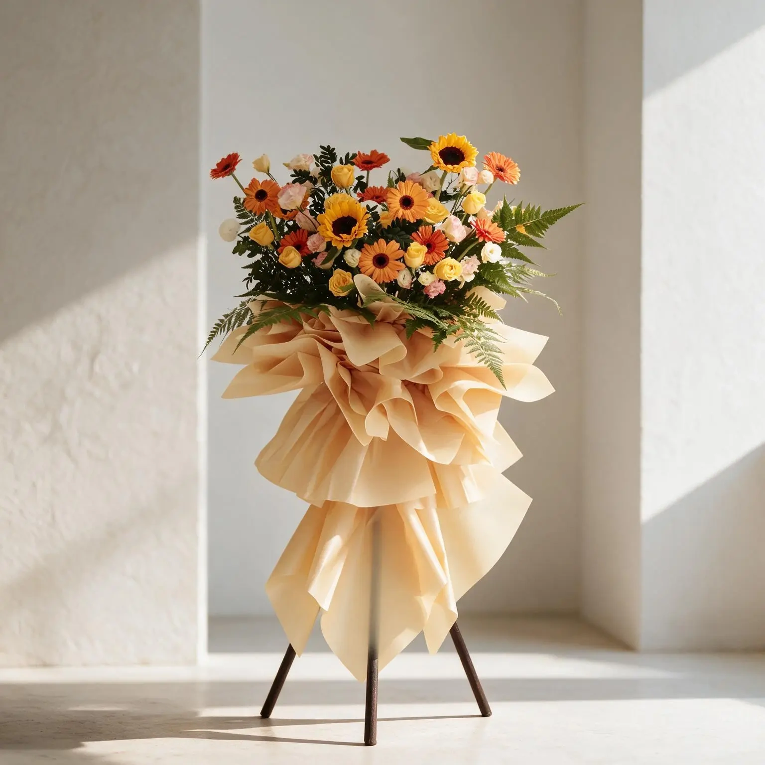 Sunflower and yellow rose floral stand with orange gerberas and champagne lisianthus