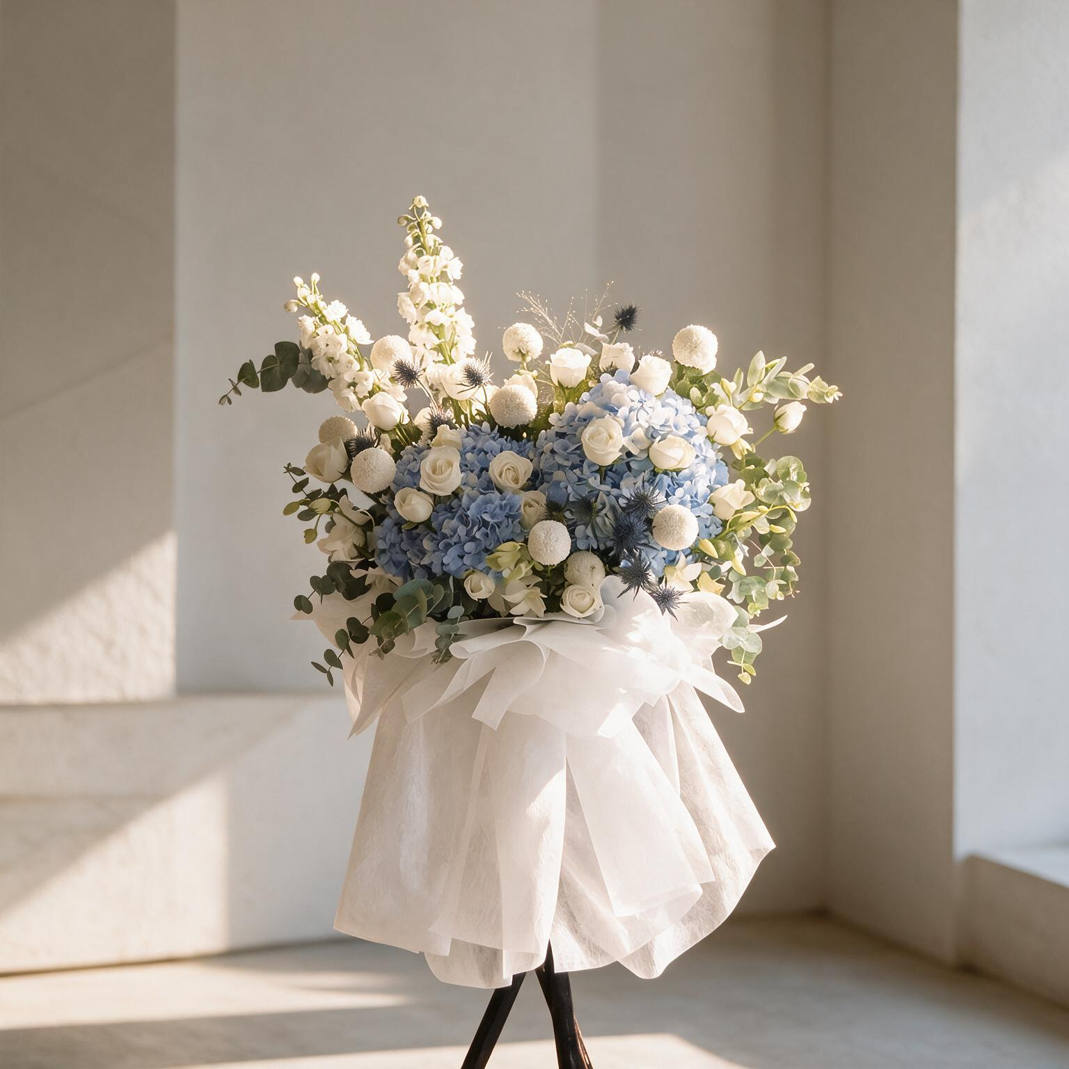 An elegant Blue Serenity Floral Stand featuring blue hydrangeas, white roses, and delphiniums, beautifully wrapped in white fabric on a black stand.