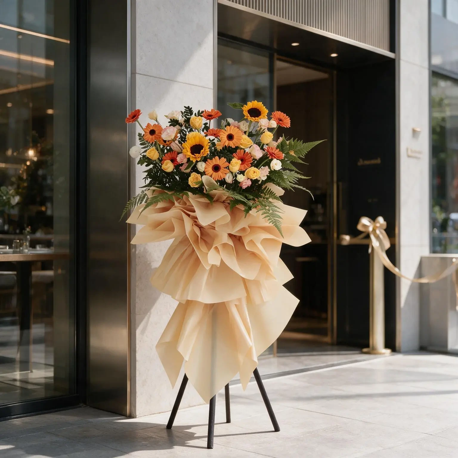 Sunflower and yellow rose floral stand with orange gerberas and champagne lisianthus
