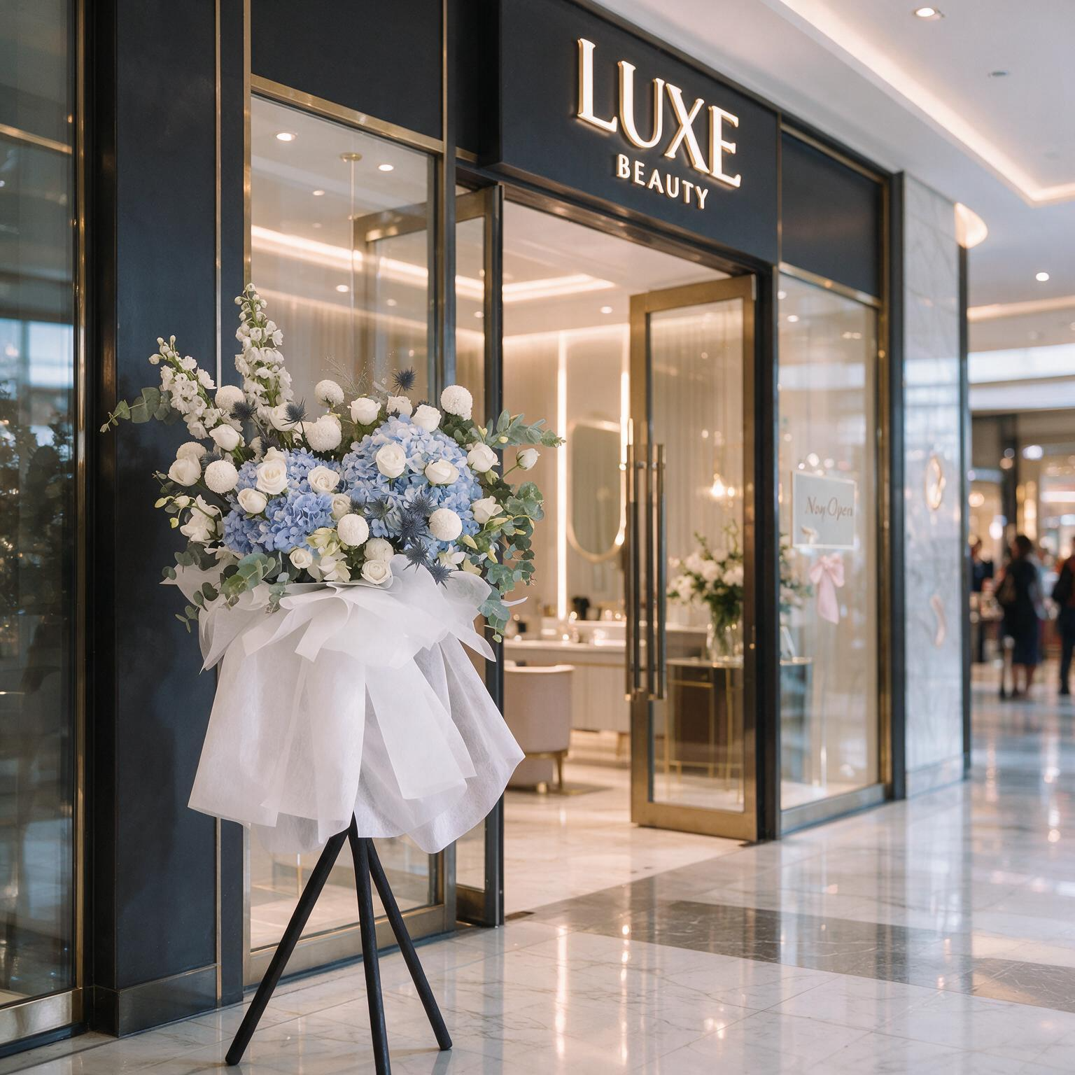 An elegant Blue Serenity Floral Stand featuring blue hydrangeas, white roses, and delphiniums, beautifully wrapped in white fabric on a black stand.