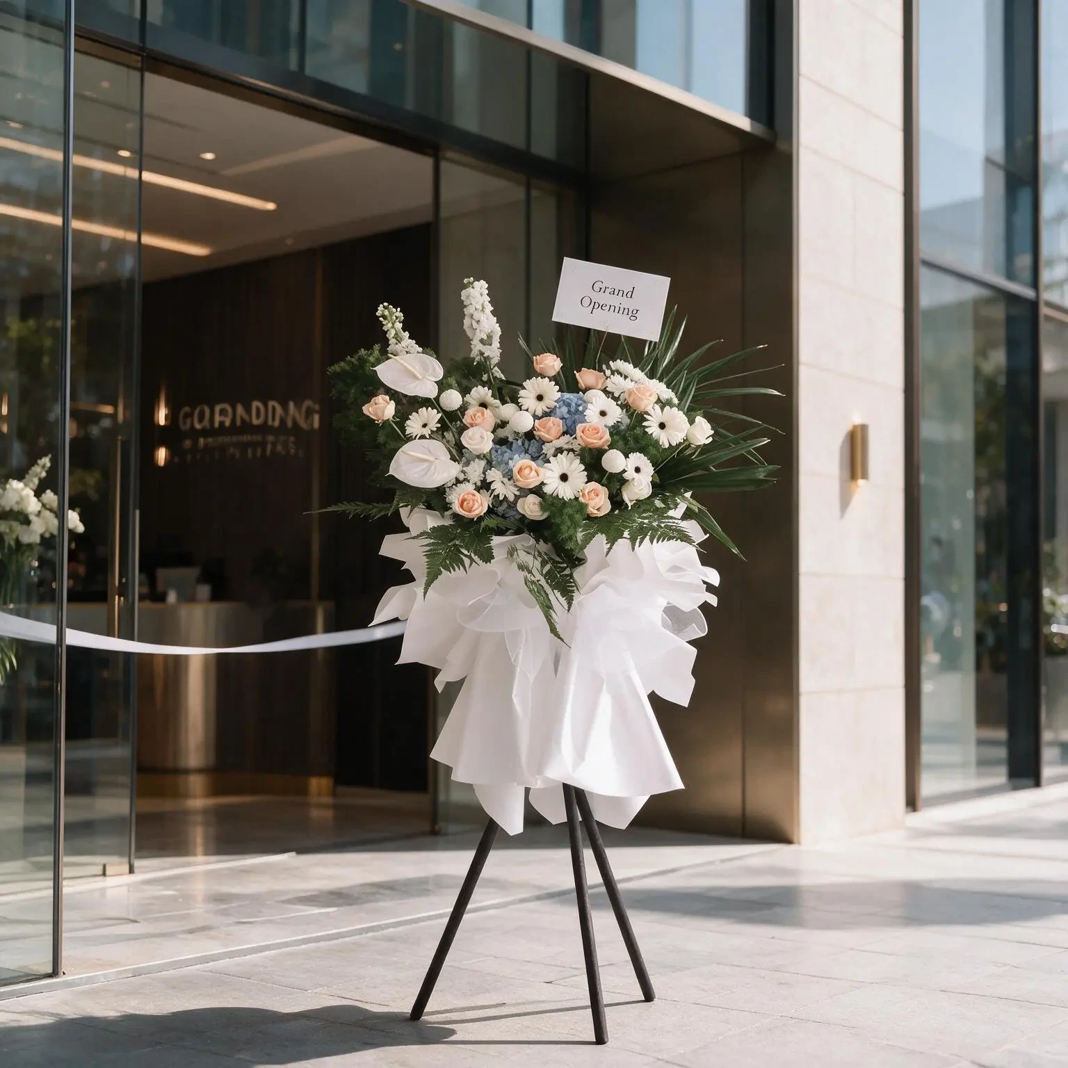 Sympathy flower stand Dubai, condolence flowers UAE, graceful tribute funeral stand, white anthurium sympathy, funeral flower delivery, memorial stand UAE Flowers