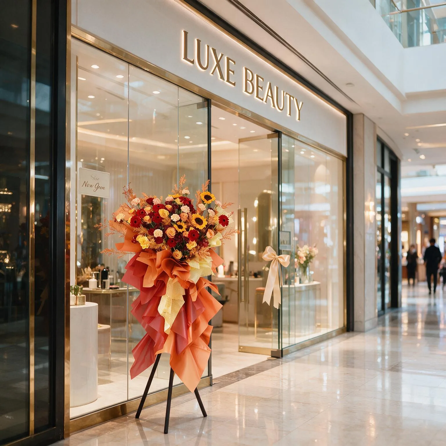 The Amber Glow Grand Inauguration Stand featuring vibrant sunflowers, red gerberas, and roses wrapped in cascading warm-toned paper on a display stand