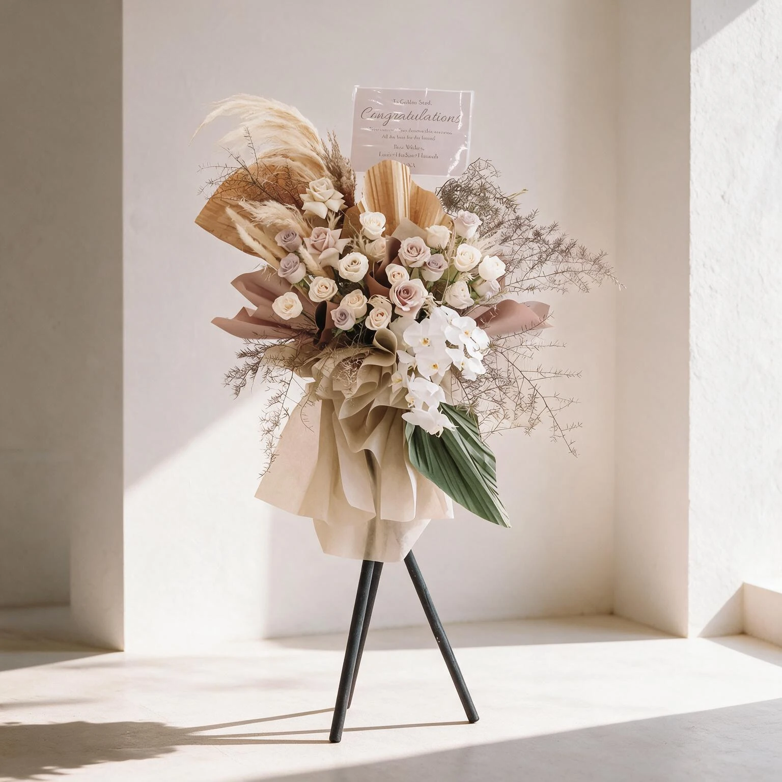White and cream rose floral stand with orchids and dried pampas flowers