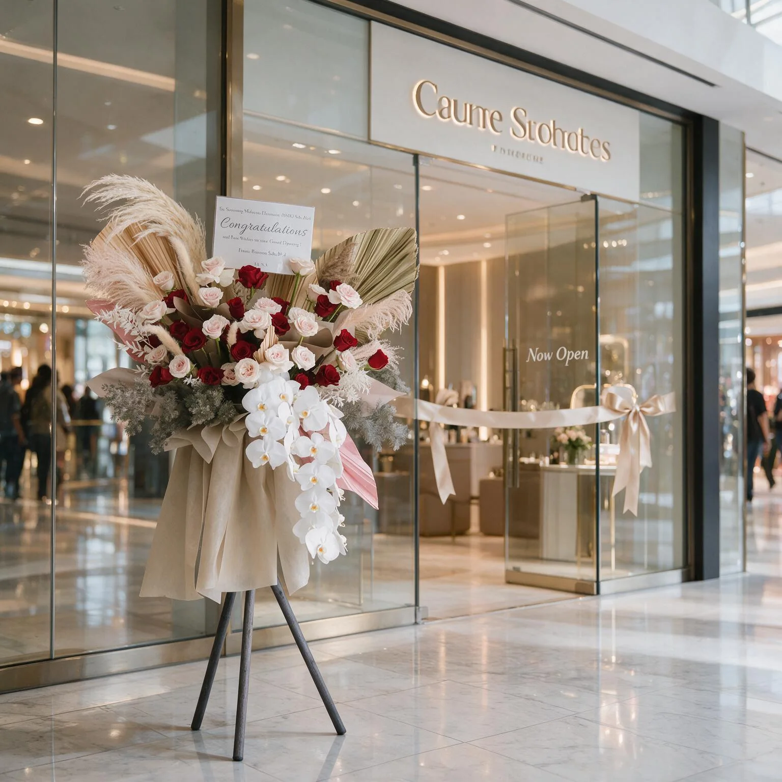 The Grand Boho Elegance Floral Stand by UAE Flowers featuring 50 red and pink roses, cascading white orchids, pampas grass, and dried palm leaves on a tripod stand