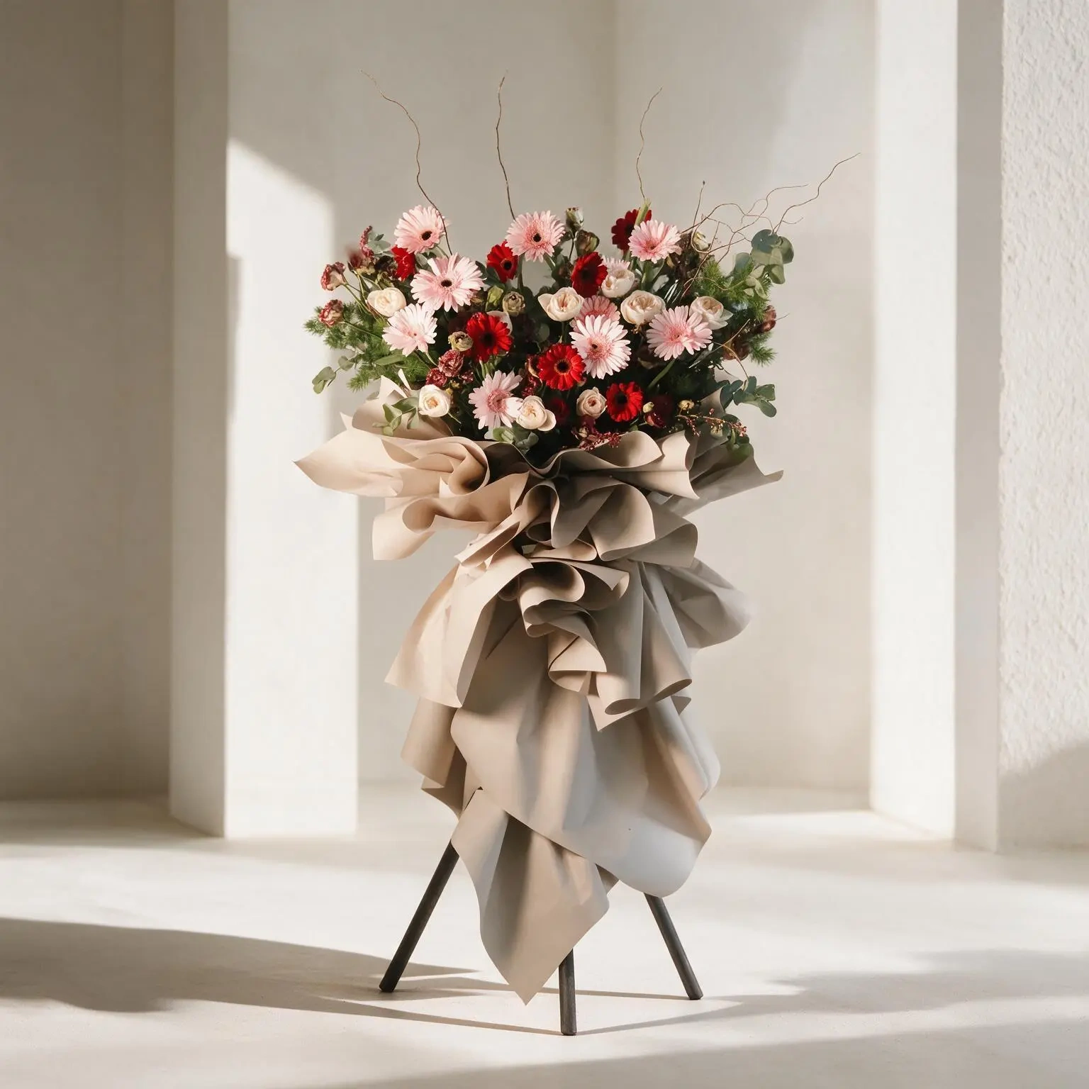 The Blush & Burgundy Grandeur Floral Stand featuring pink gerberas, red gerberas, and blush roses wrapped in cascading taupe paper on a black tripod stand