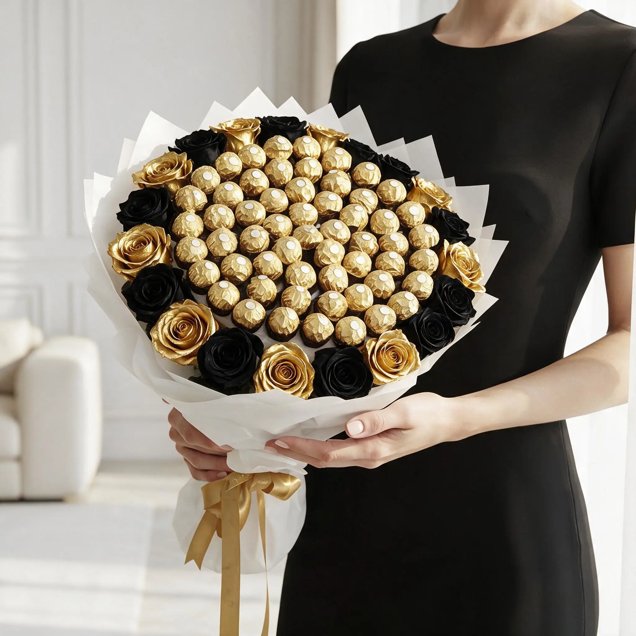 A woman holding the Black & Gold Ferrero Bouquet, featuring 24 black and gold roses and 32 Ferrero Rocher chocolates in premium white wrapping