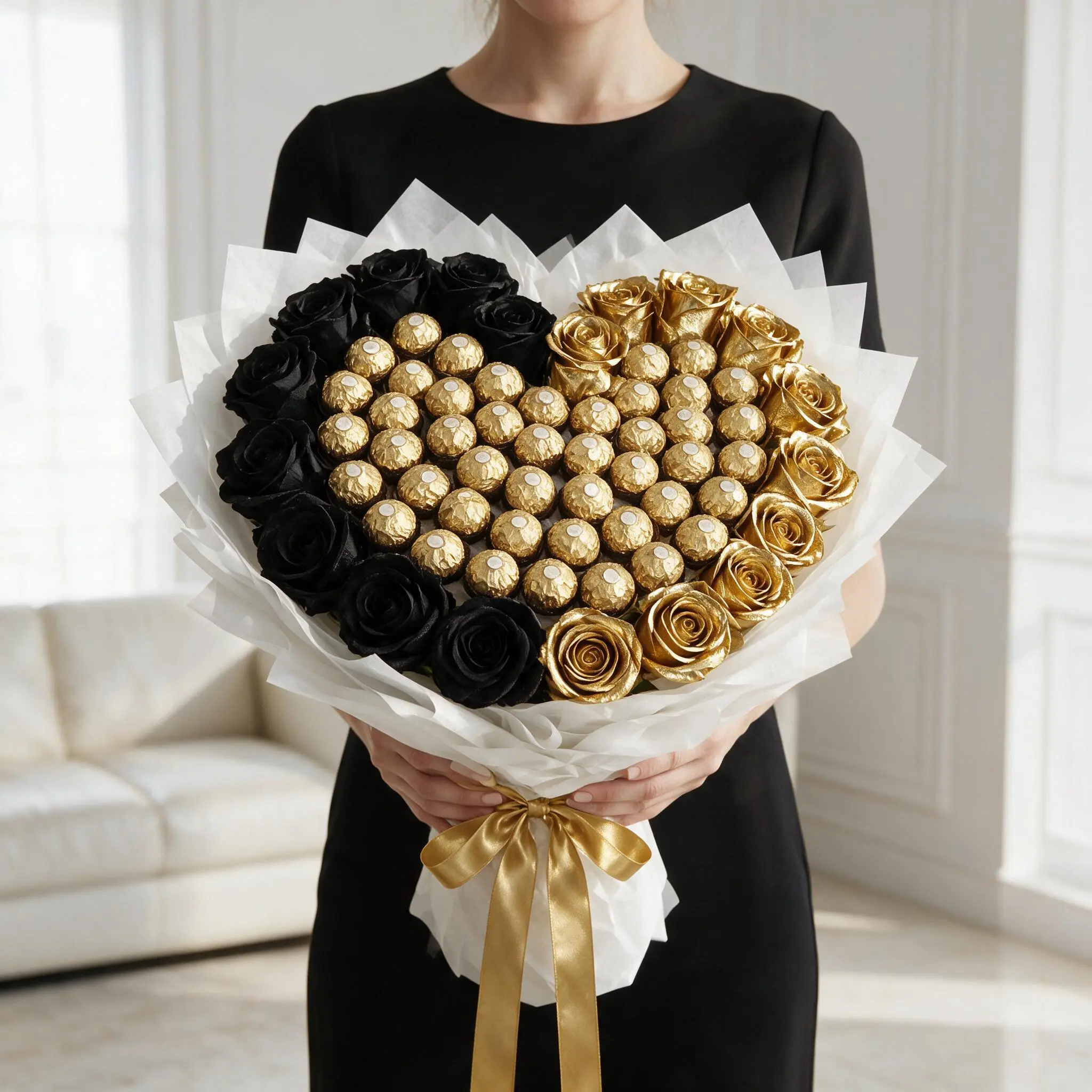 A woman holding the Black & Gold Heart Bouquet, featuring 24 black and gold roses arranged in a heart shape with 32 Ferrero Rocher chocolates