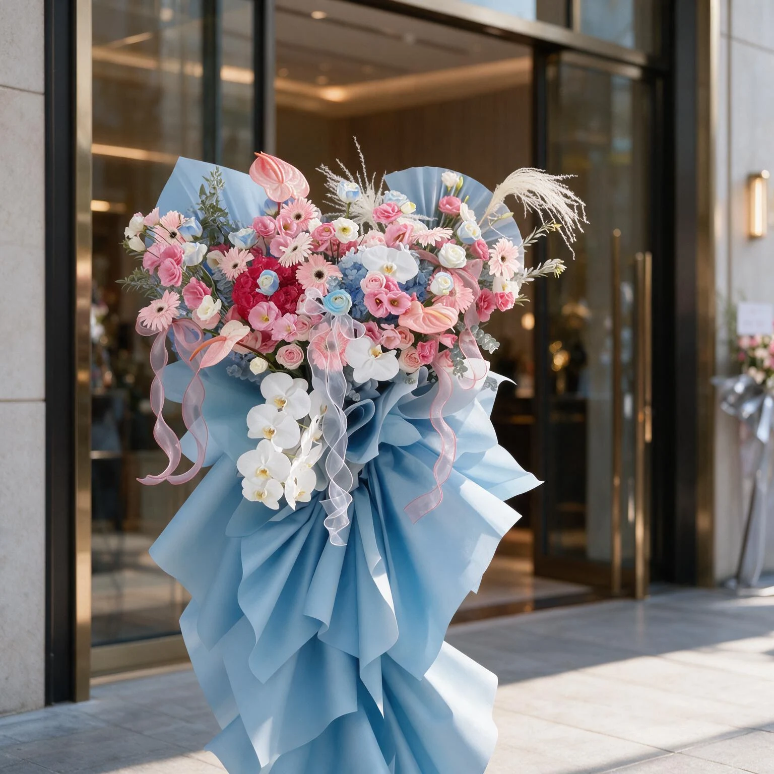 Pink and blue floral stand arrangement with white orchids, hydrangeas, gerberas, lisianthus and roses