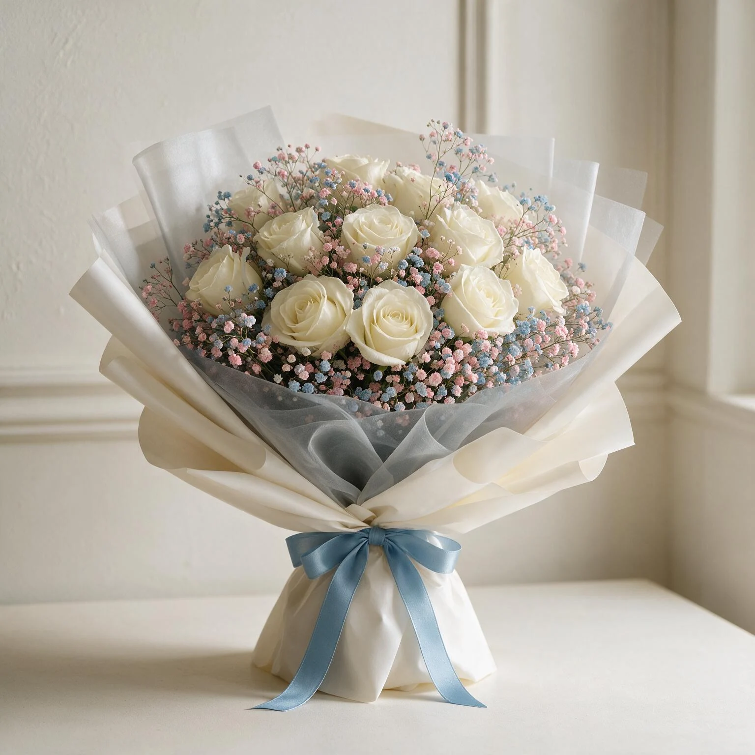 12 White Roses with Colorful Gypsophila Bouquet