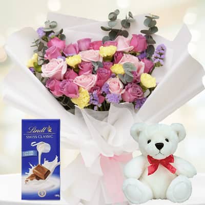Roses & Crysanthimus with chocolate and Teddy