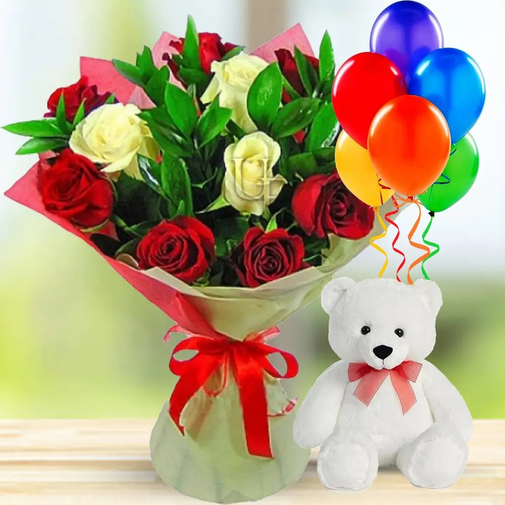 9 red roses, 3 white roses with fillers in green wrapping paper tied with red ribbon, small teddy bear and 5 latex balloons