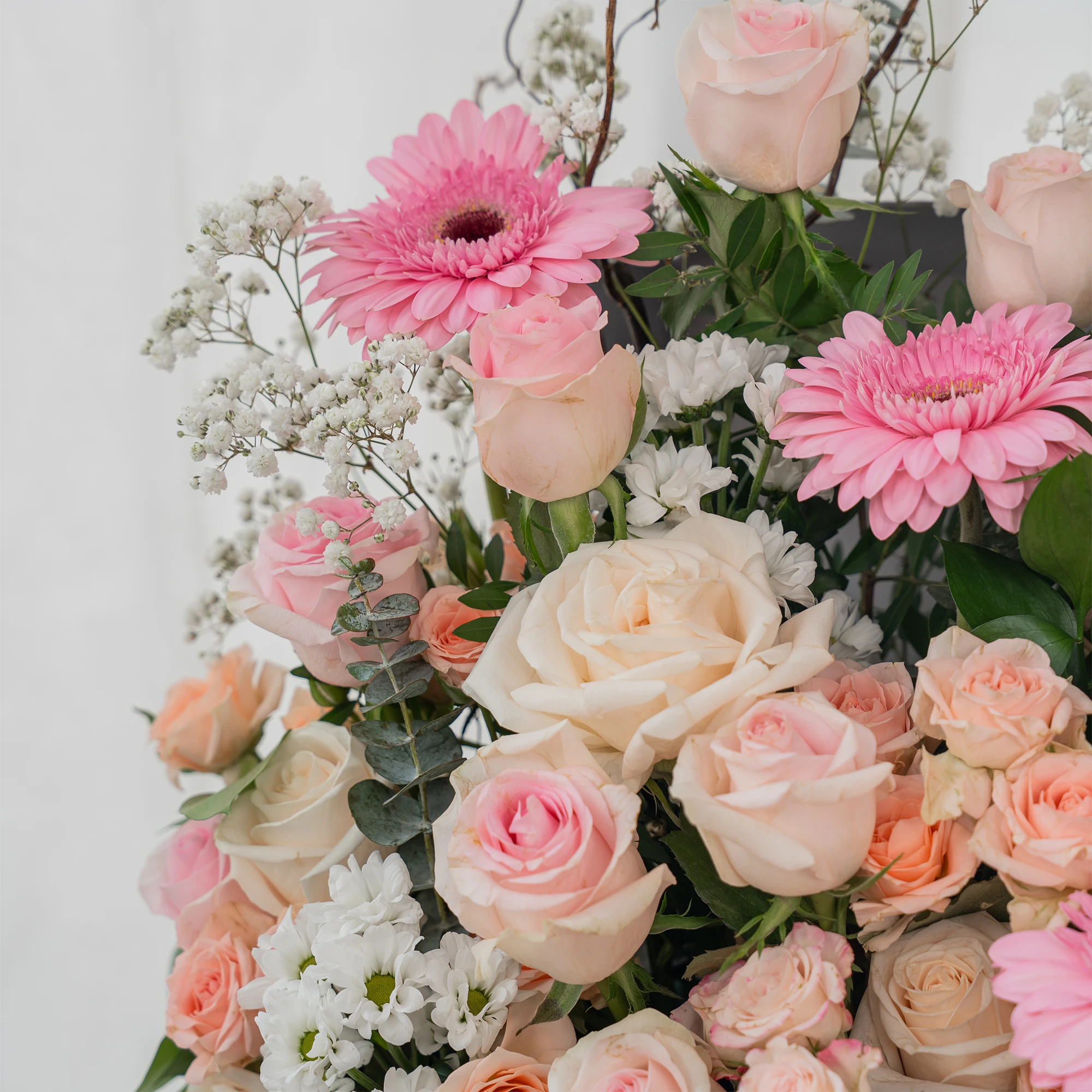 Arrangement of 8 pink gerberas, 30 pink roses, 10 peach roses, 10 Pink spray roses and 5 white chrysanthemums with green fillers and baby's breath in a long black box.