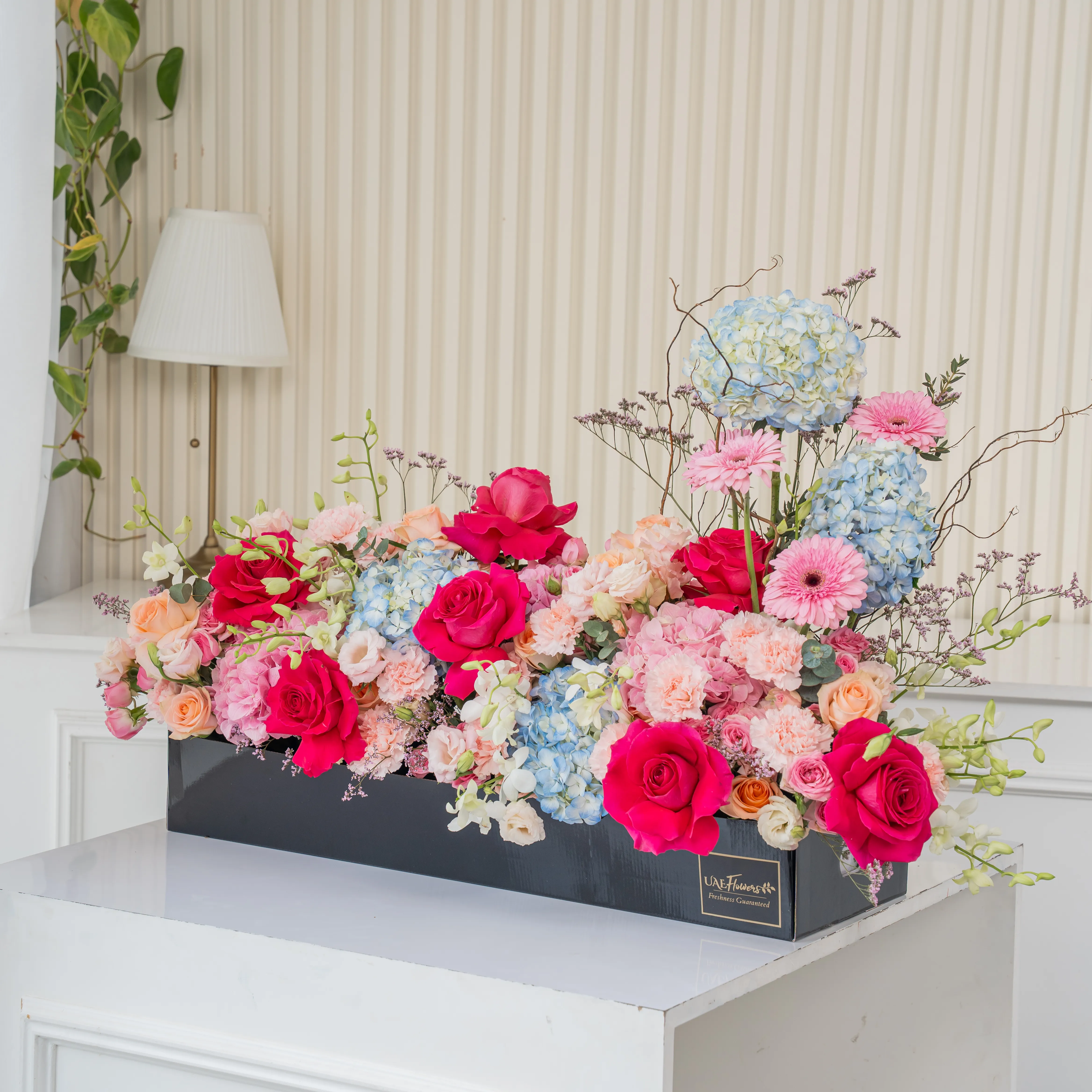 Arrangement of 4 blue hydrangeas, 2 pink hydrangeas, 20 pink carnations, 10 pink spray roses, 10 peach roses and 4 pink gerberas with green fillers in a long black box.