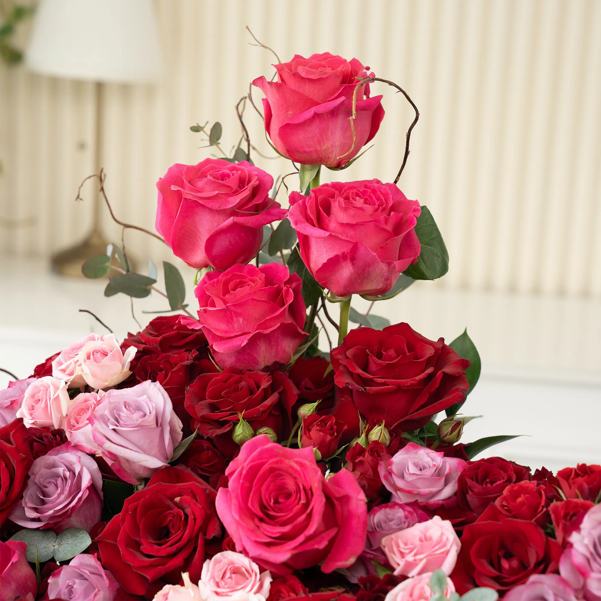 Arrangement of 20 red roses, 20 purple roses, 10 fuchsia roses, 20 red spray roses and 10 pink spray roses with green fillers in a long black box.