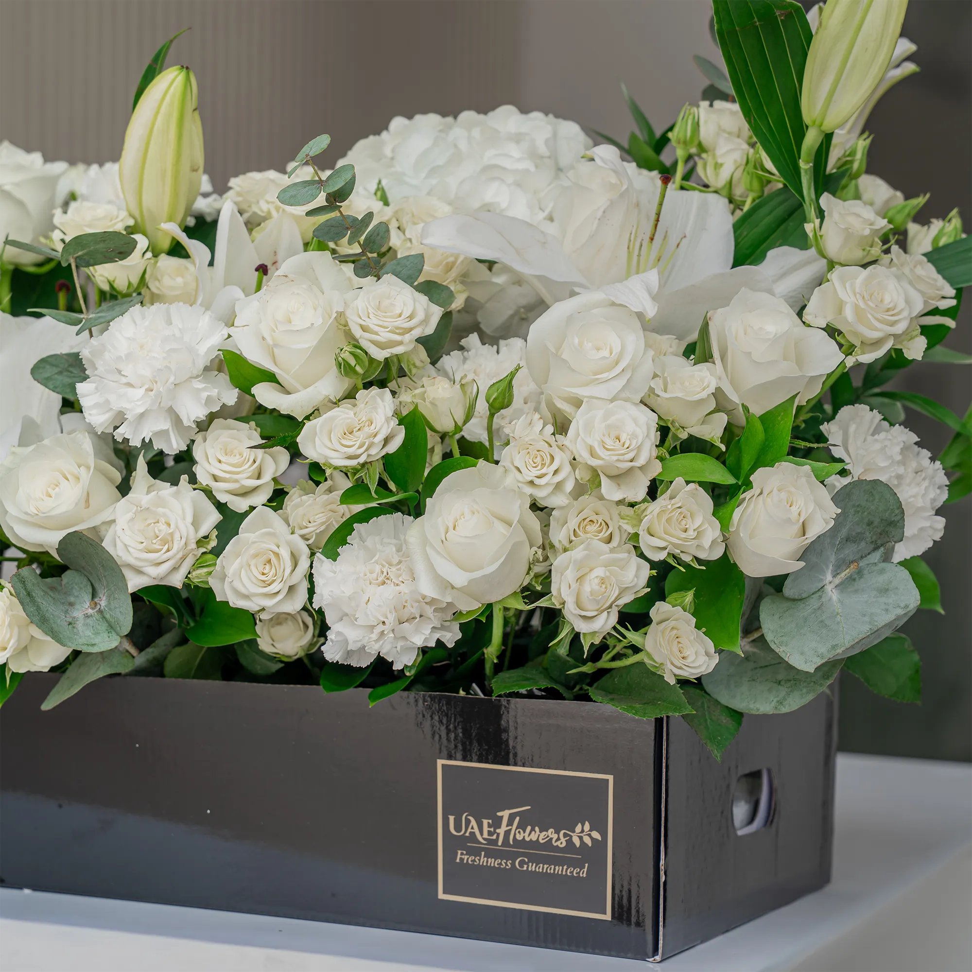 Arrangement of 5 white lilies, 20 white roses, 20 white spray roses, 10 white carnations and 2 white hydrangeas with green fillers in a long black box.