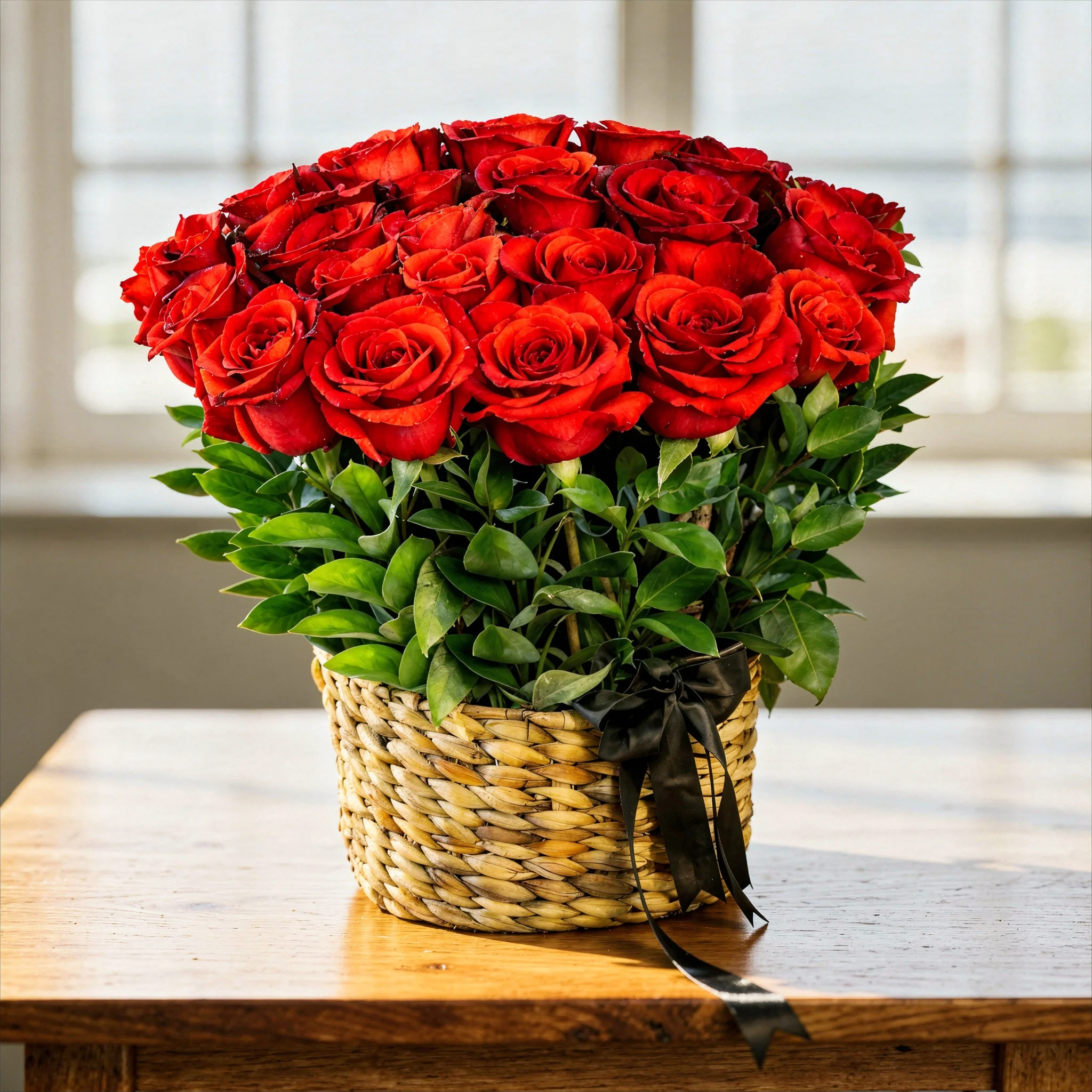 30 Red Roses in a Basket with Fillers