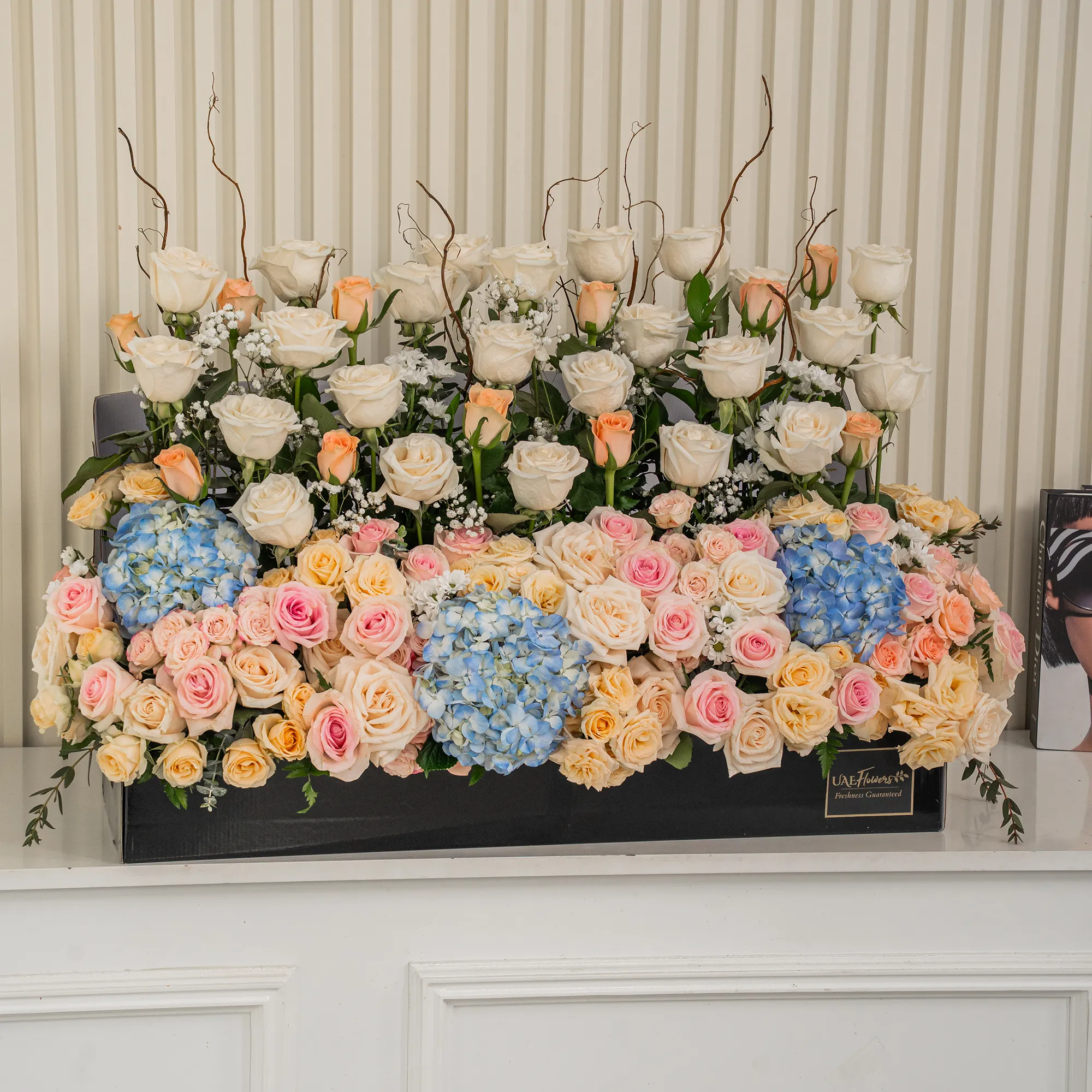Arrangement of 30 White roses, 20 pink roses, 20 peach roses, 3 blue hydrangeas and 10 peach spray roses with green fillers in a long black box.