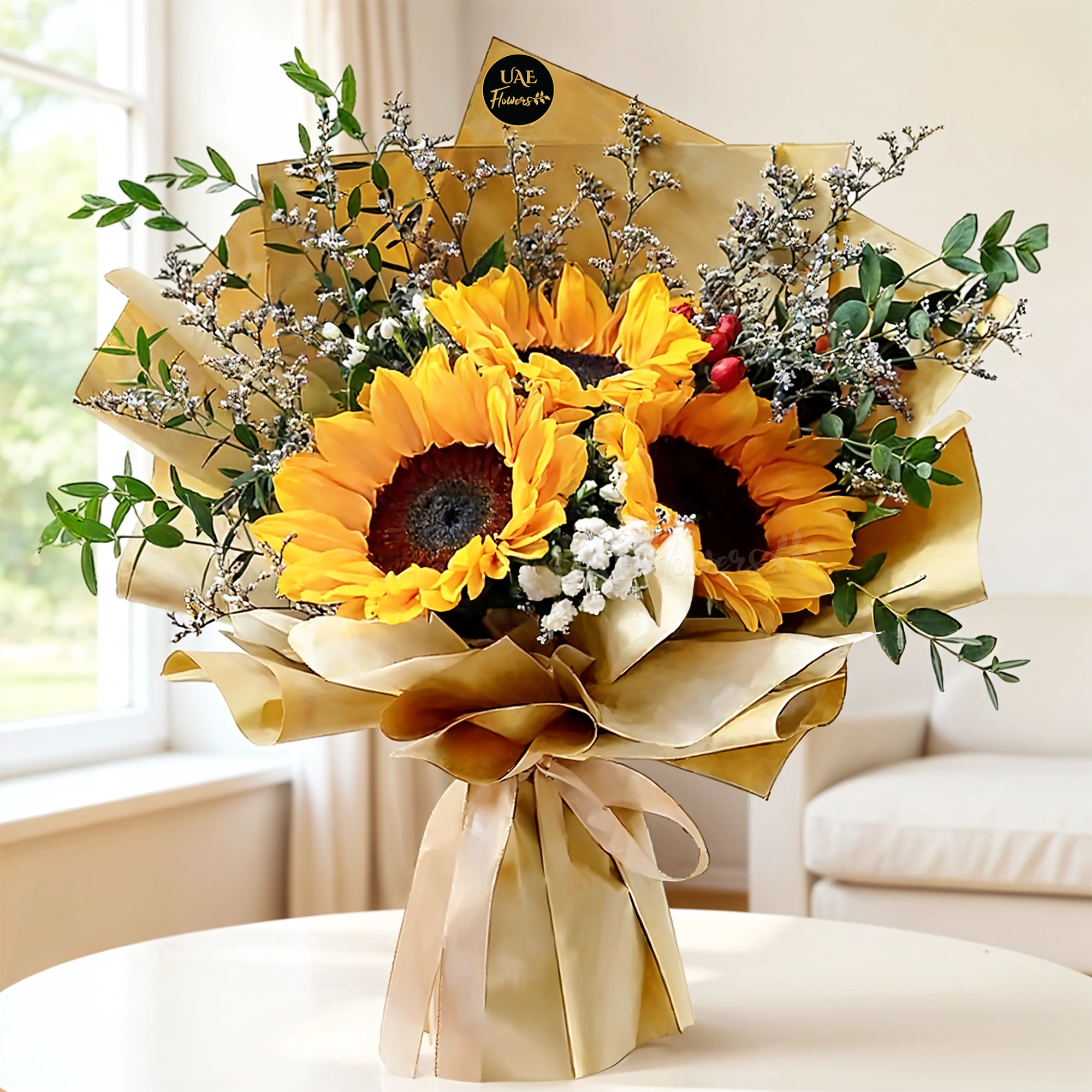 A bouquet of 3 sunflowers with fillers in brown wrapping paper tied with brown ribbon