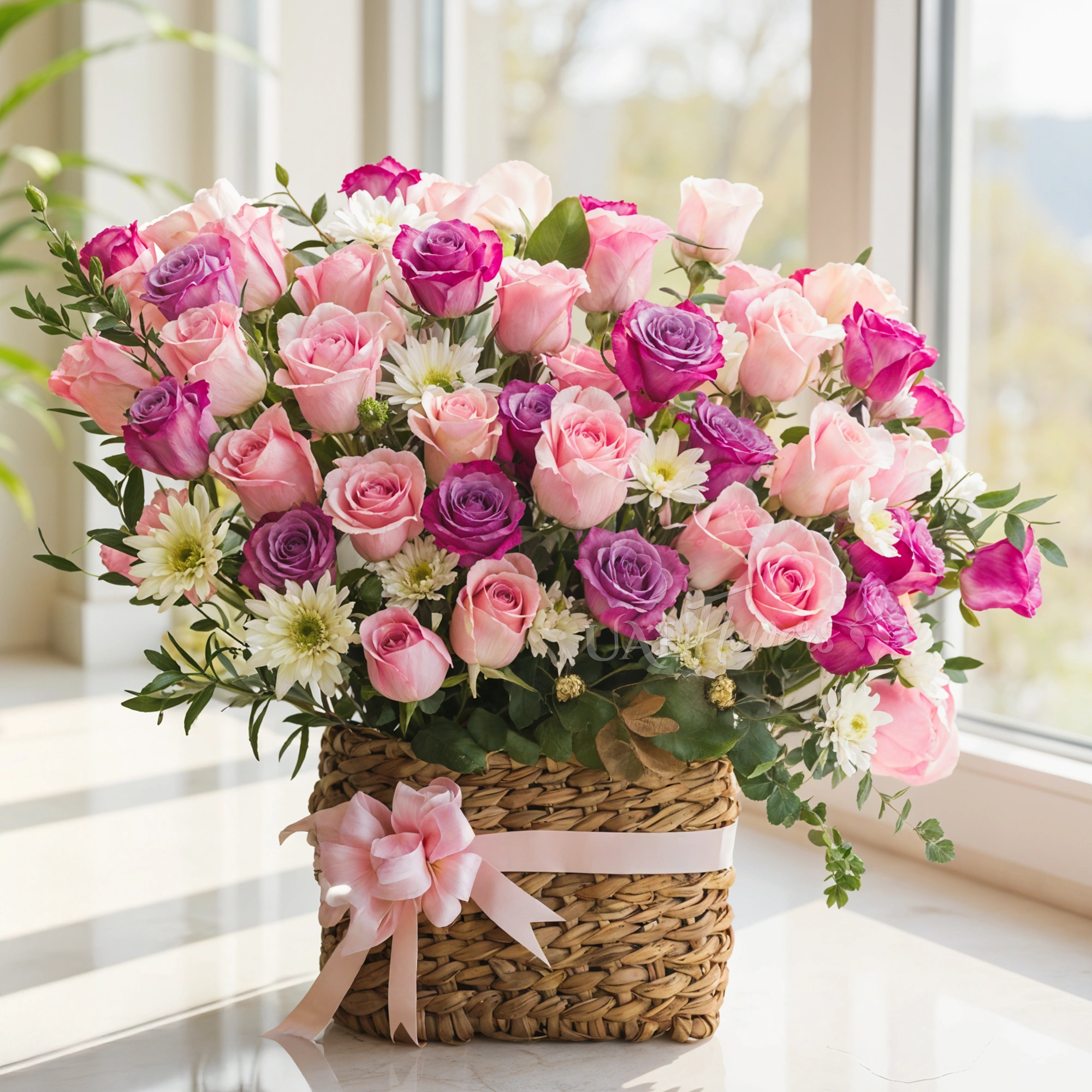 Basket Arrangement featuring 40 purple and pink roses