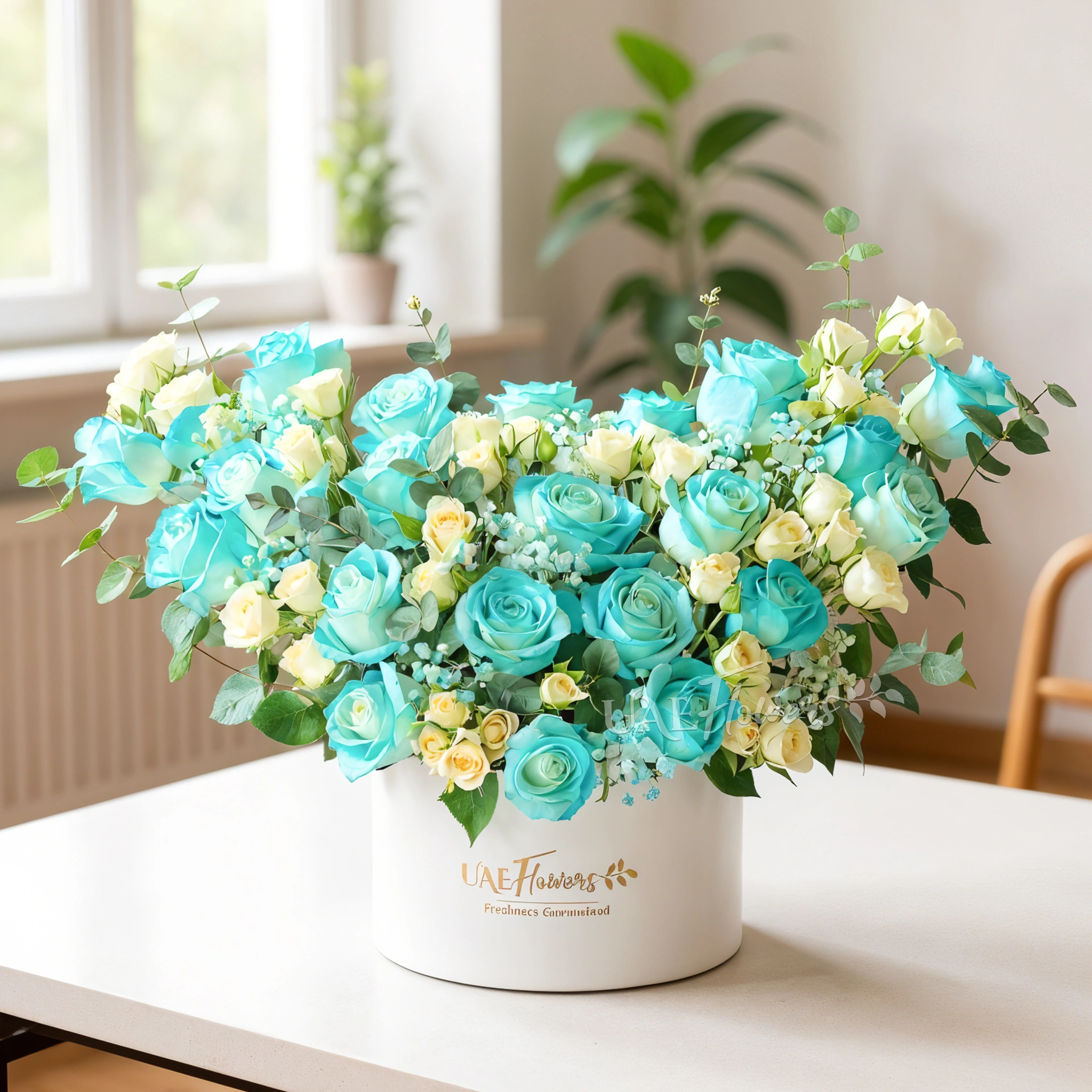 A box arrangement of 20 blue sprayed roses and 5 white spray roses with green & Baby's breath fillers.