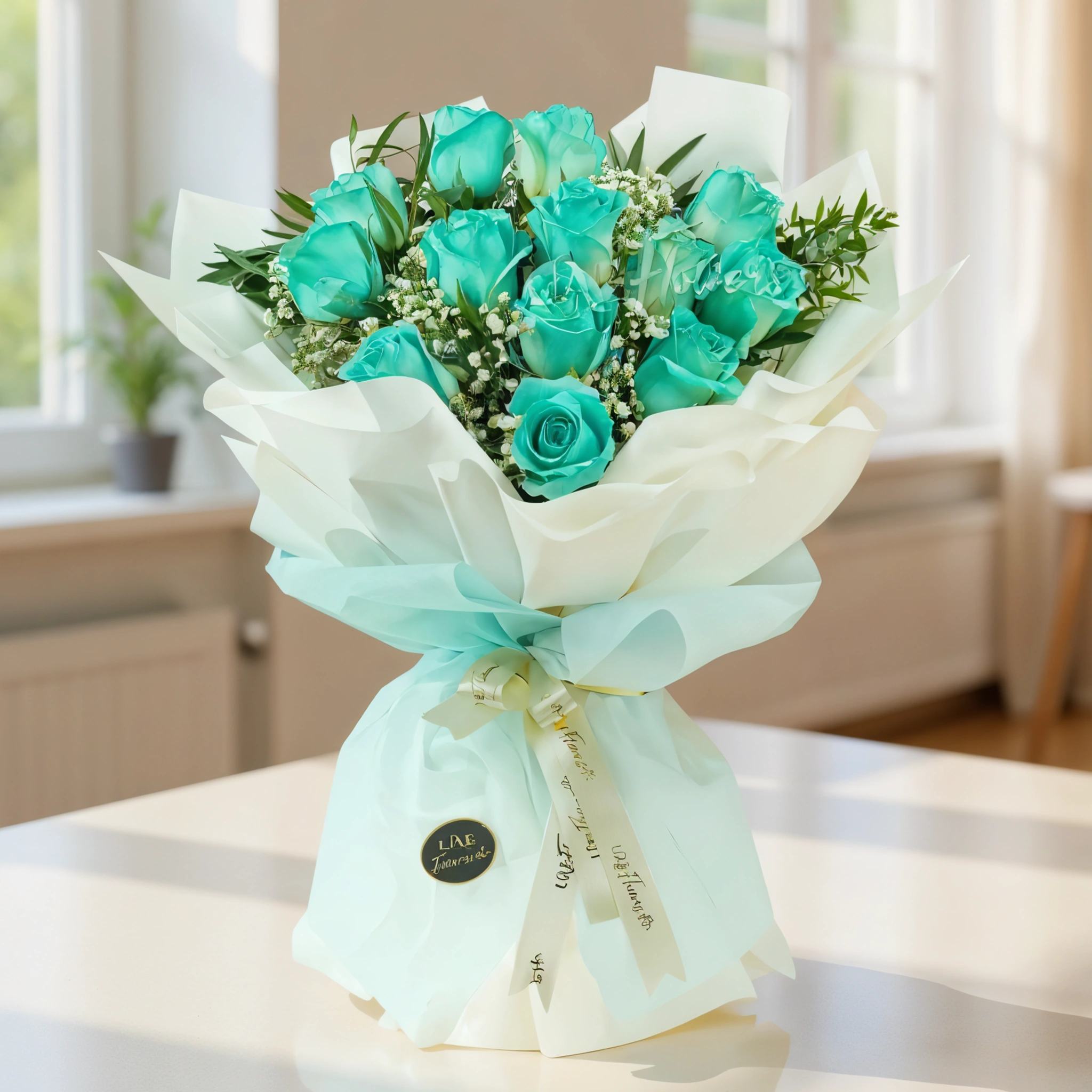 bouquet of 12 vivid blue roses wrapped with care and tied with ribbons