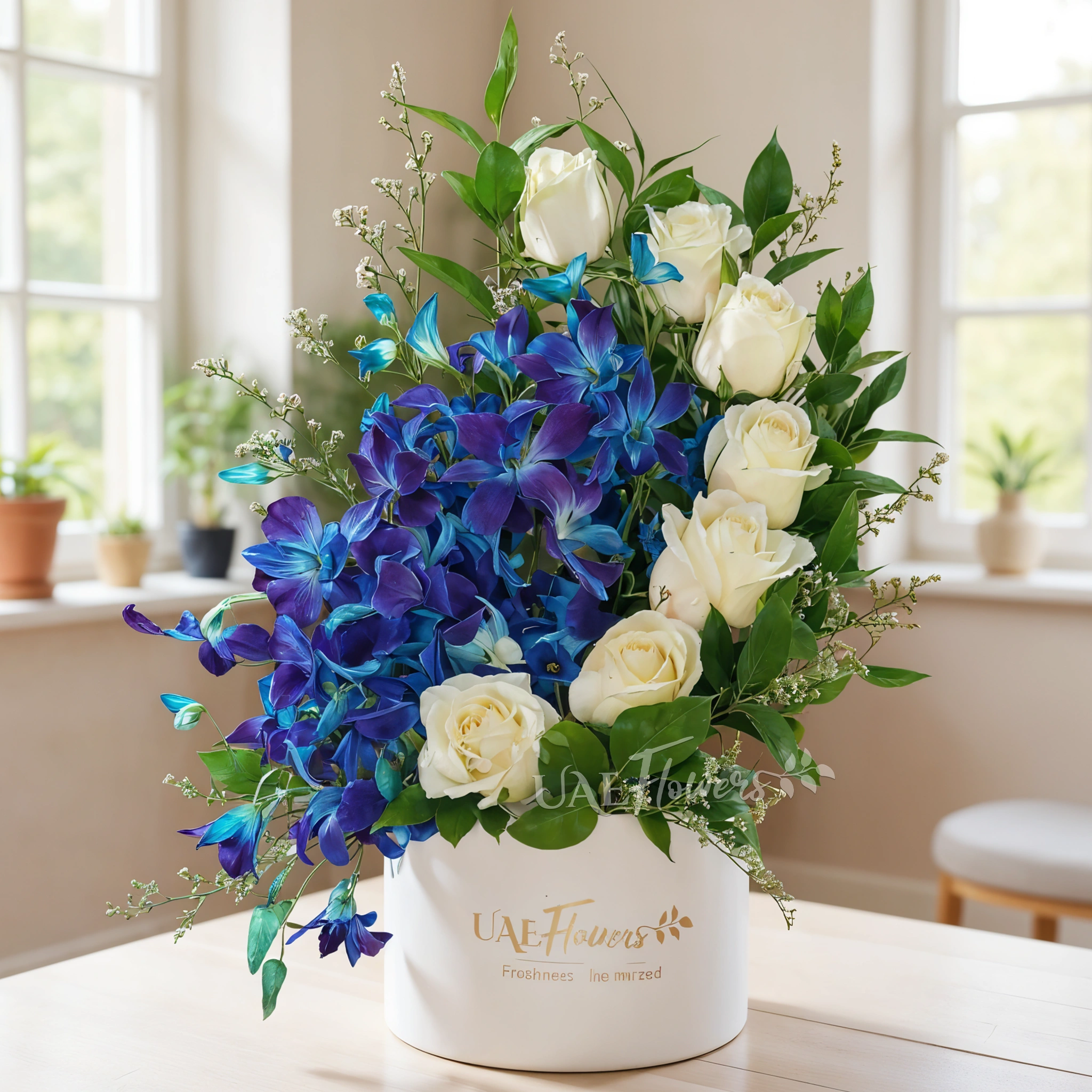 floral box with 7 white roses, 5 blue orchids, and fillers
