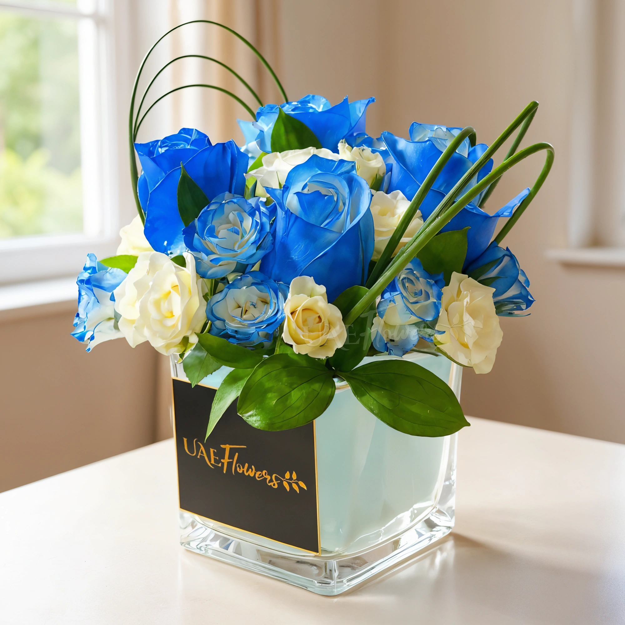 4 blue roses and 2 white spray roses with green fillers and steel grass,