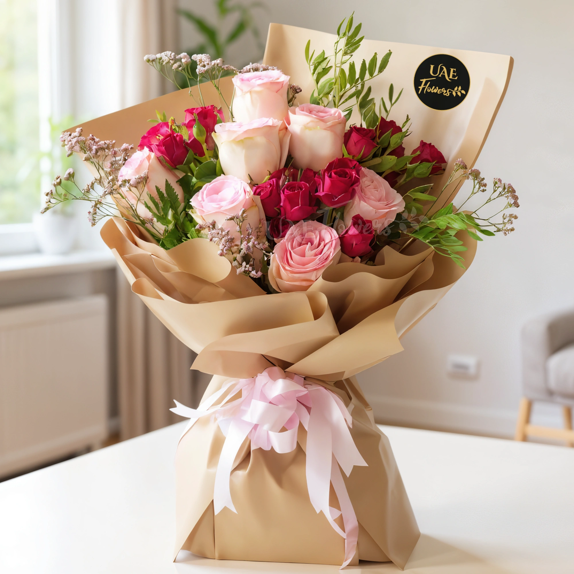 bouquet of 7 pink roses and 3 red spray roses with green and limonium fillers