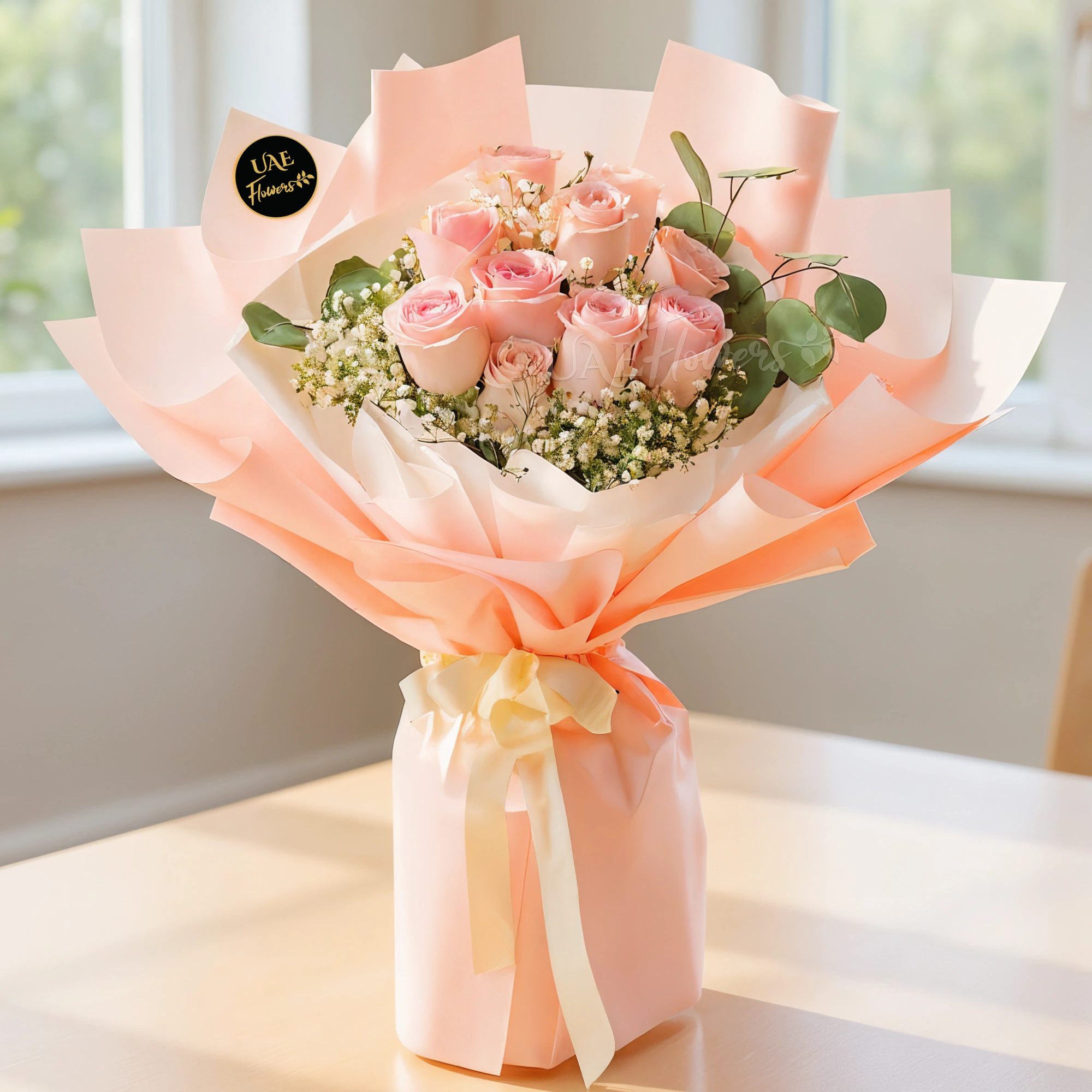 A bouquet of 10 pink roses with gypsophila and eucalyptus leaves in brown wrapping paper tied with pink ribbon
