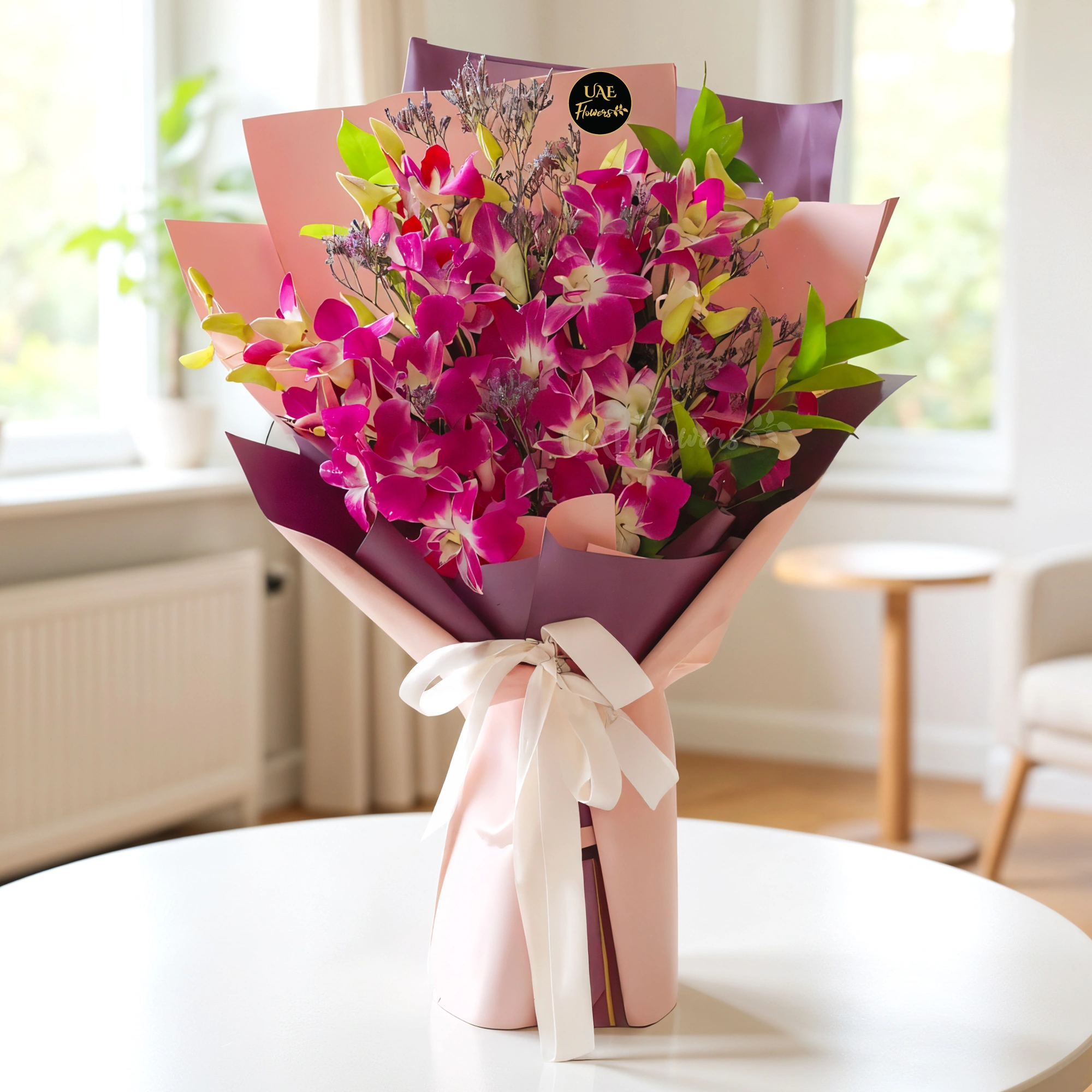 A bouquet of 10 purple orchids with greens and limonium fillers wrapped in purple and pink paper tied with pink ribbons
