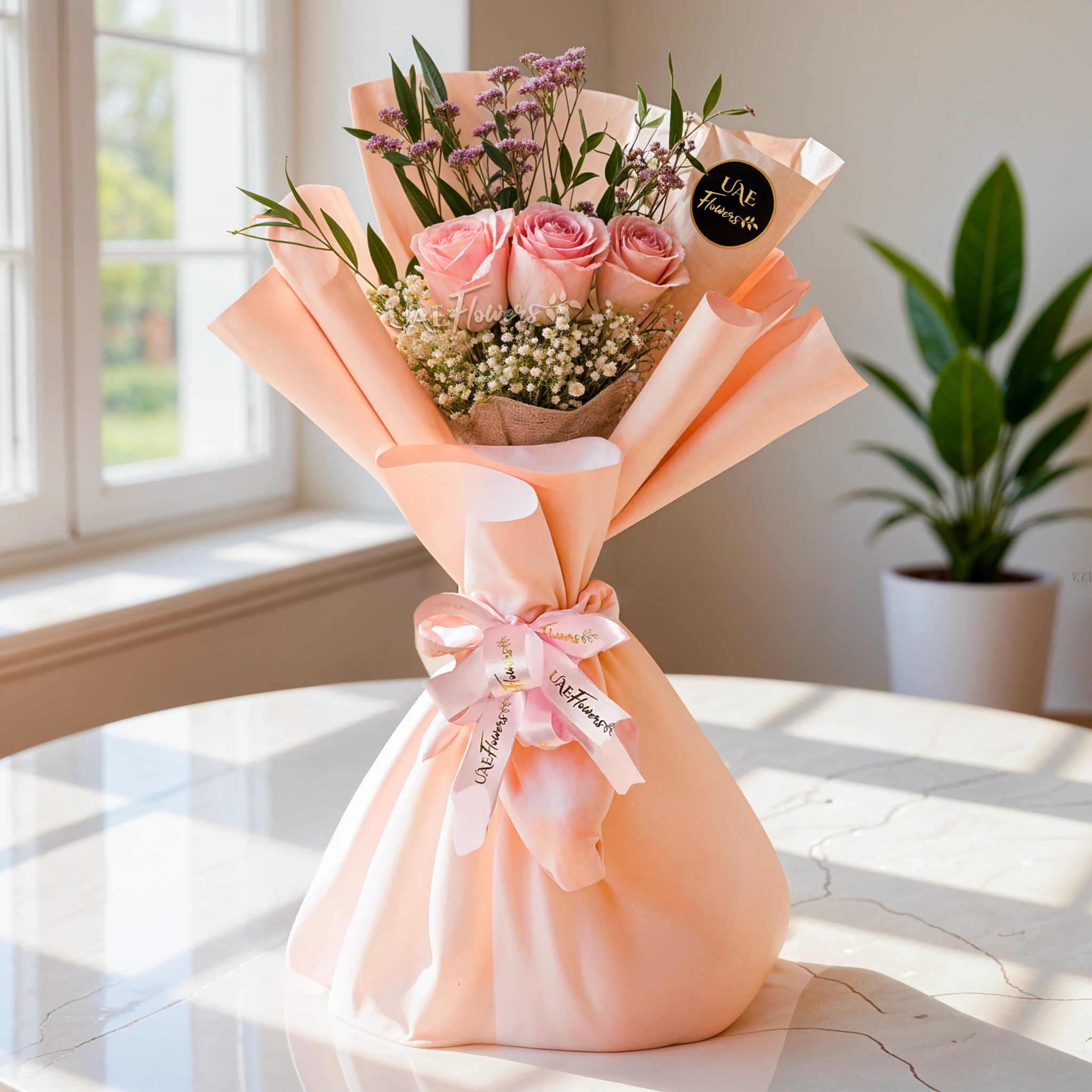 bouquet of 3 pink roses along with baby’s breath and limonium fillers
