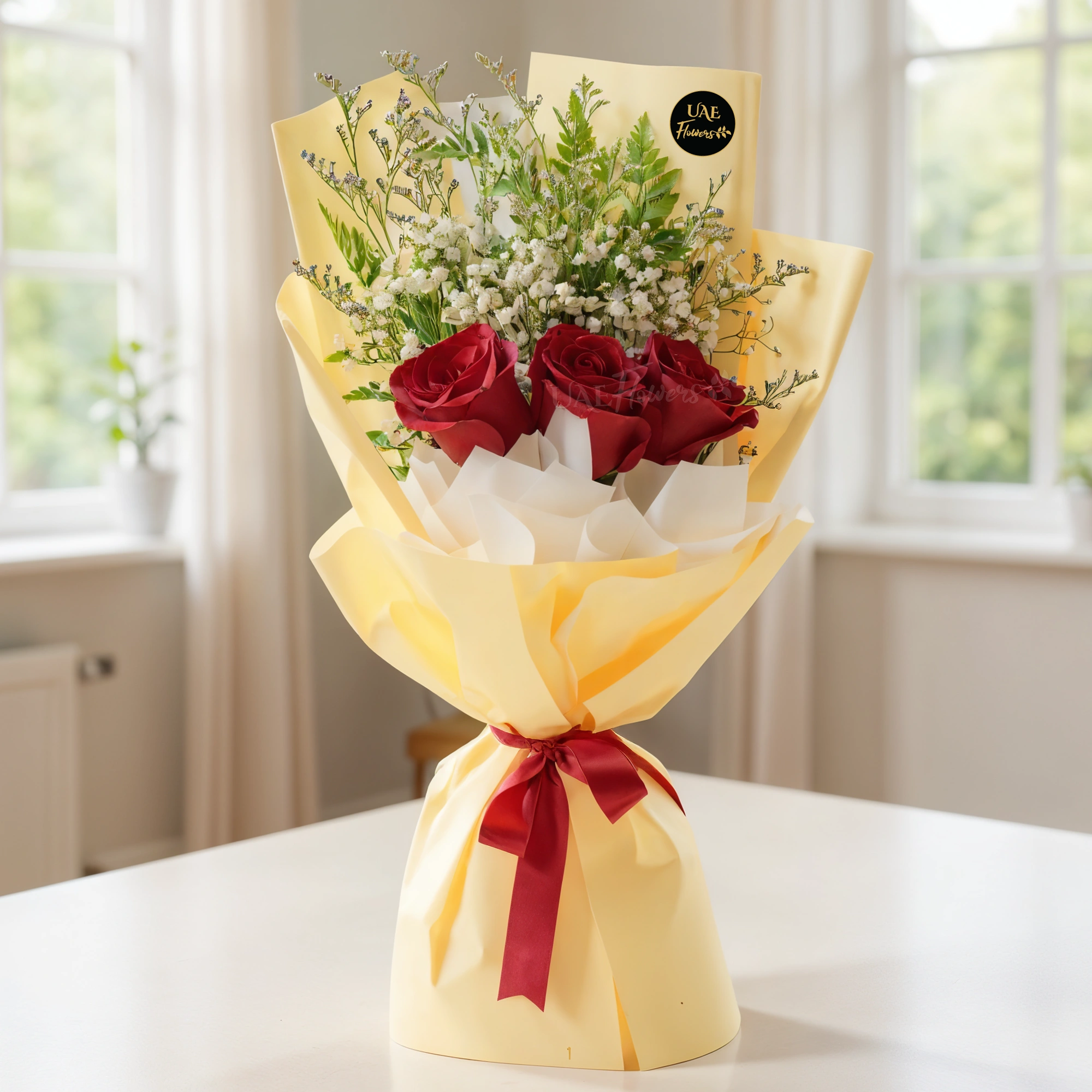A bouquet of 3 red roses with baby breath and limonium fillers in yellow wrapping paper tied with red ribbon