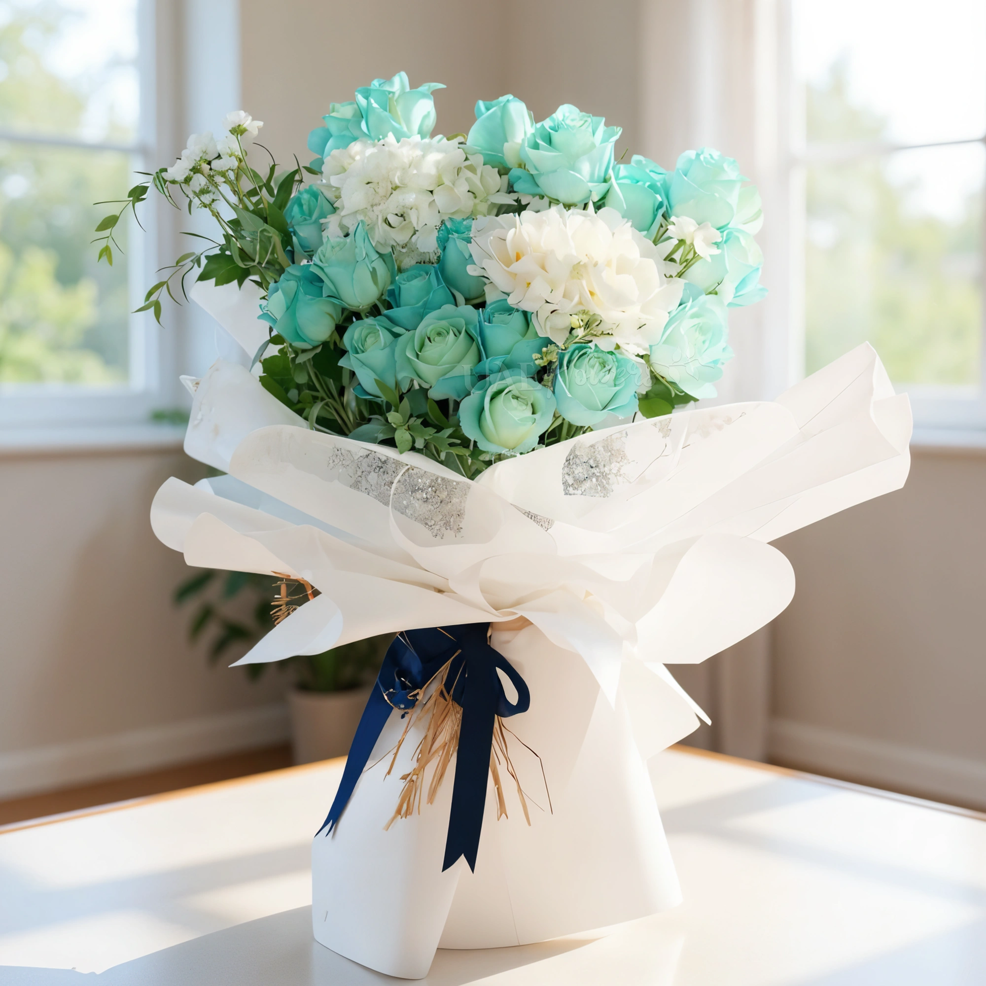 A bouquet of 5 white hydrangeas, 15 blue roses with baby's breath sprayed in blue color with green fillers in blue wrapping paper tied with blue ribbon