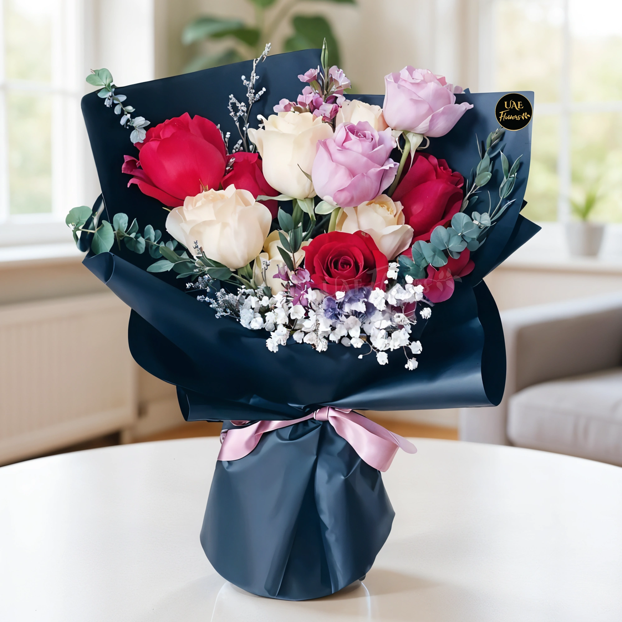 A bouquet of 5 red roses, 5 peach roses, 2 purple roses & white baby breath in black wrapping paper and tied with pink ribbon