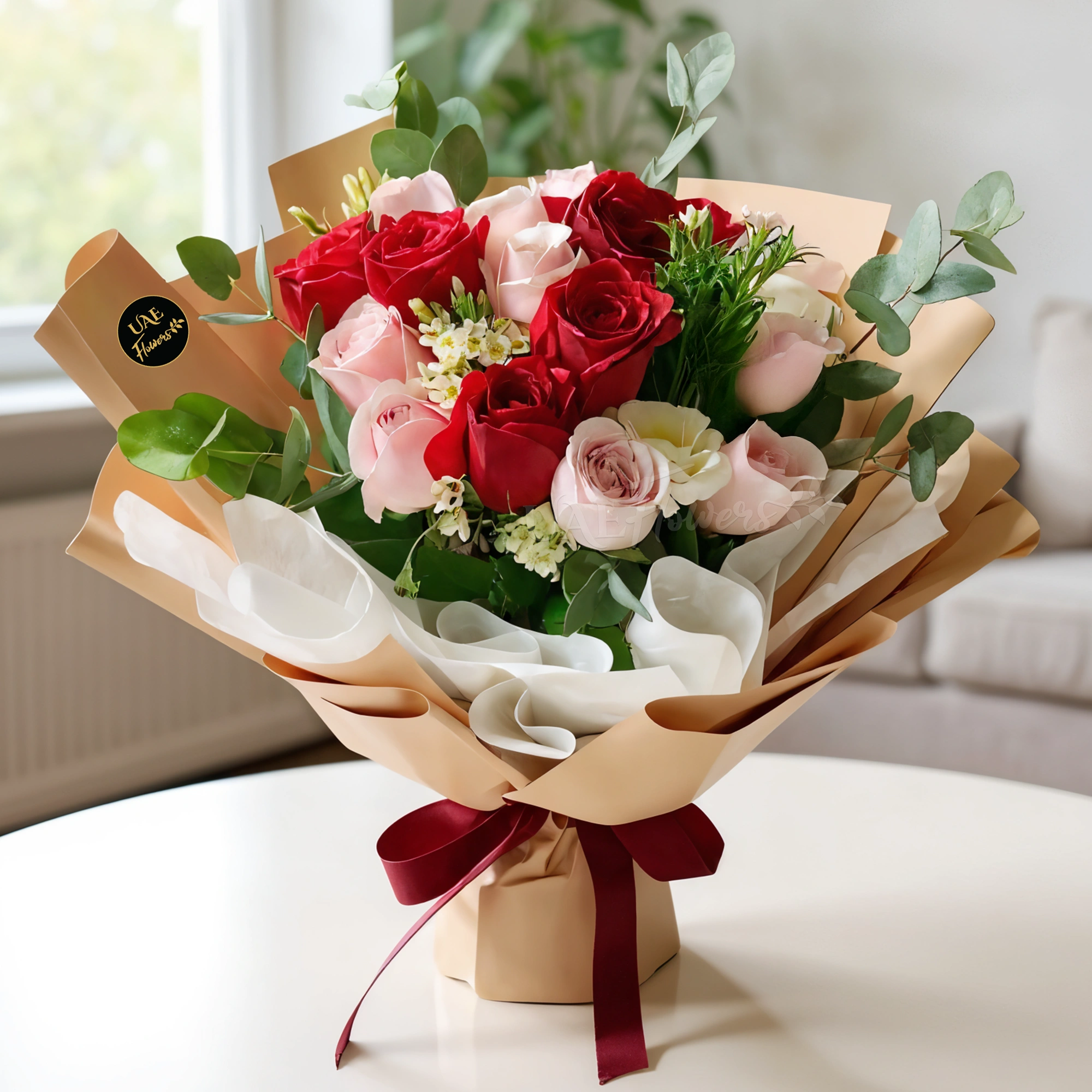 A bouquet of 6 pink roses and 6 red roses with eucalyptus leaf and green fillers in brown and white wrapping paper tied with brown ribbon