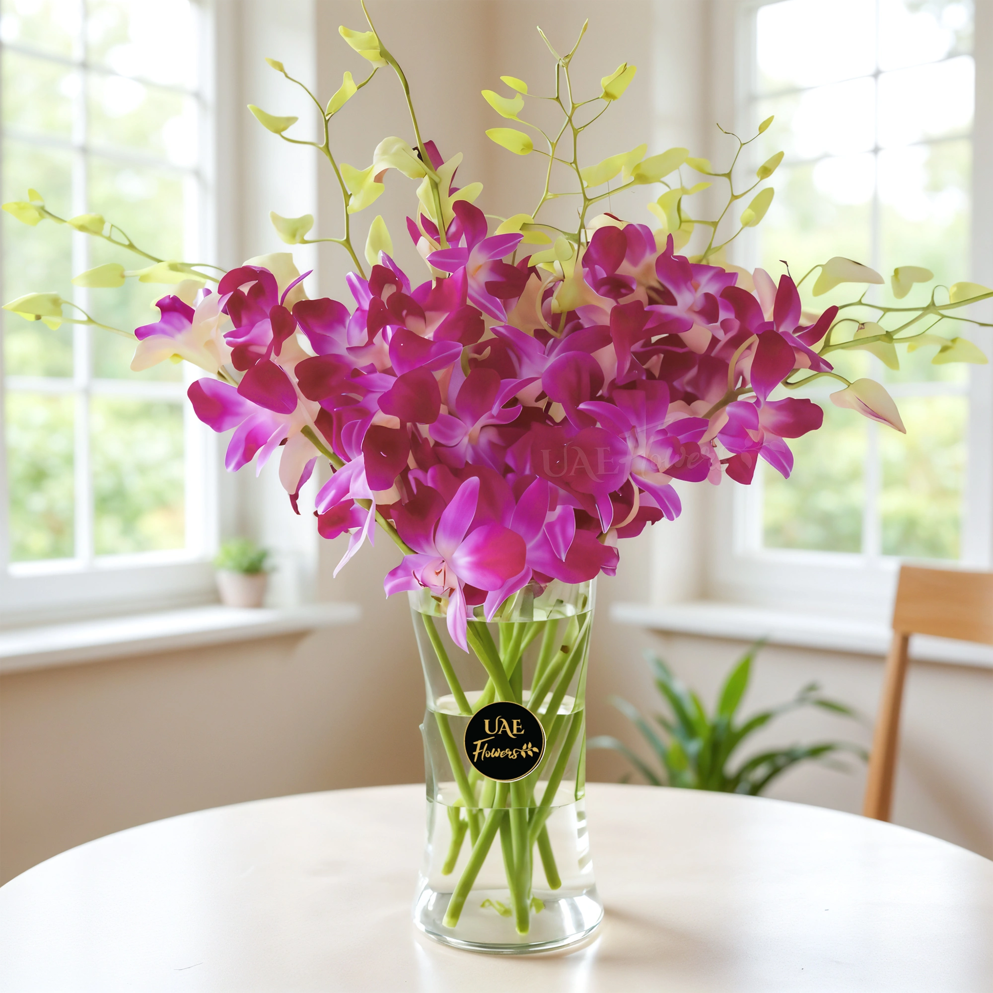 10 purple dendrobium orchids in a glass vase