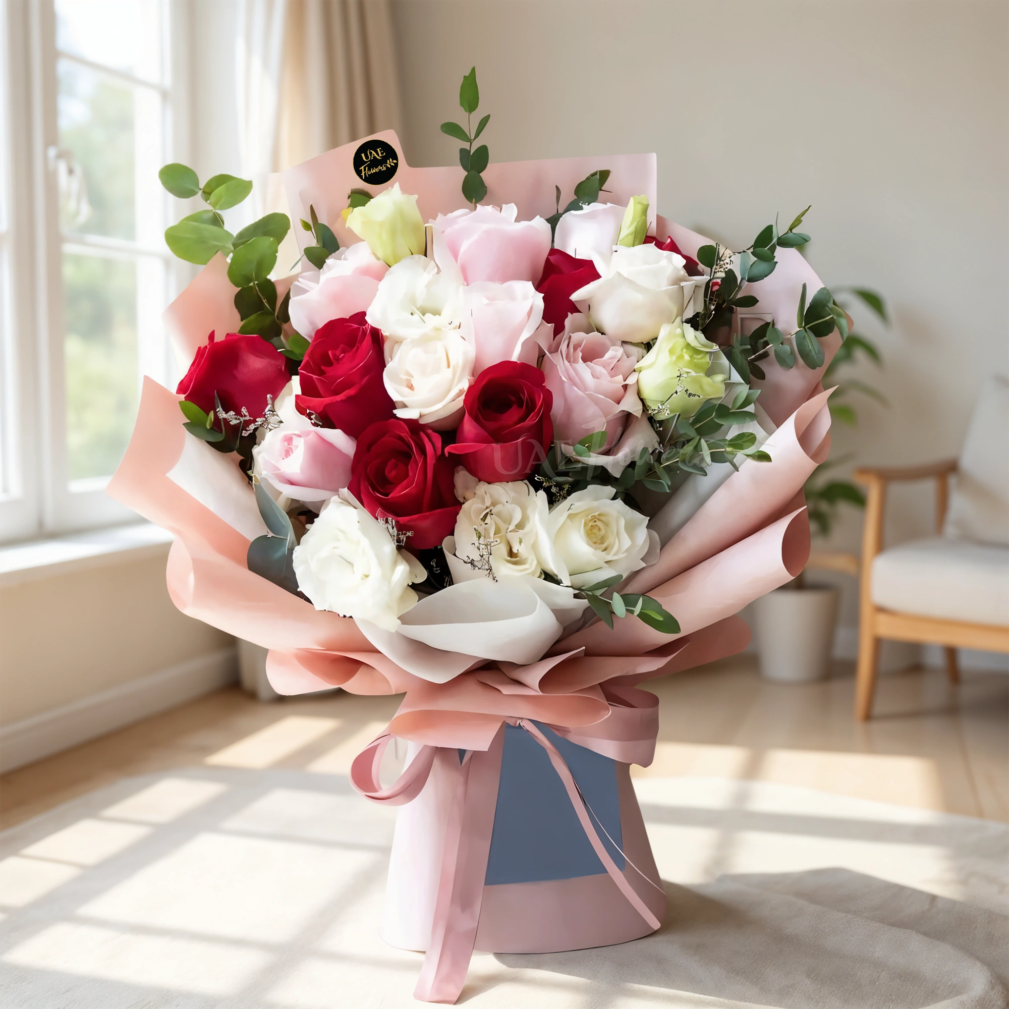 Red, white, and pink rose bouquet with eucalyptus leaves & limonium fillers wrapped in pink paper tied with a pink ribbon