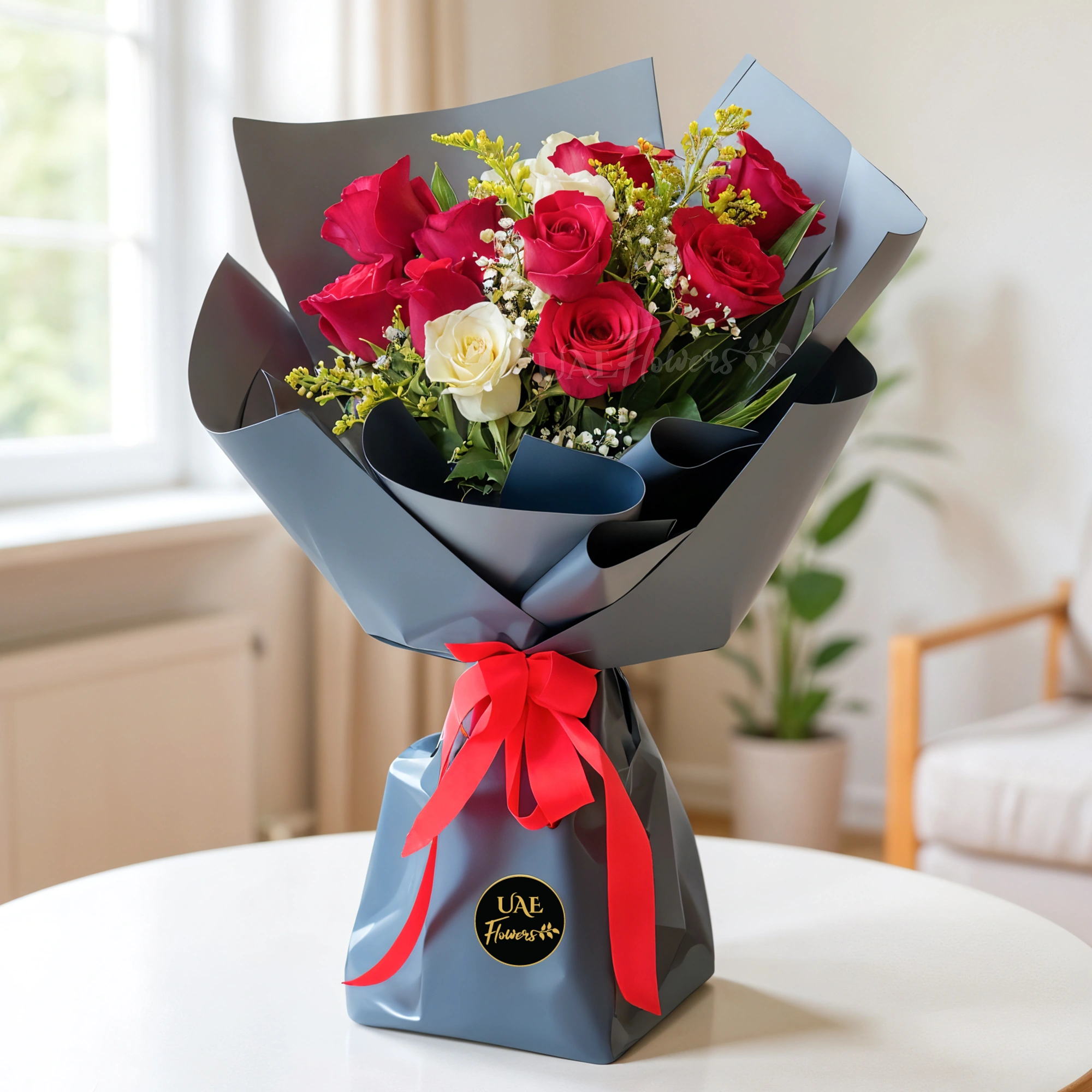 A bouquet of 9 red roses and 3 white roses with greens in white wrapping paper tied with a red ribbon