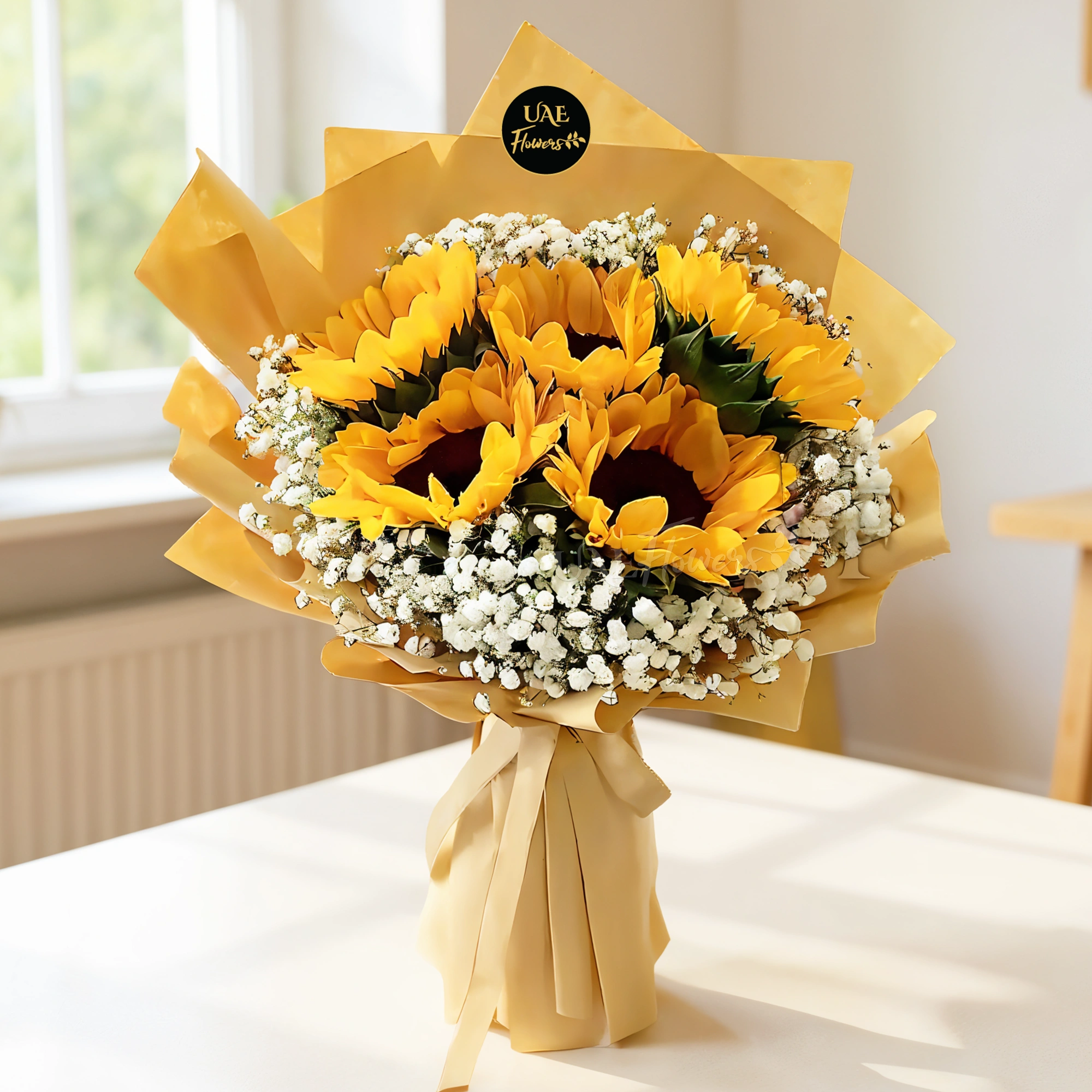 A bouquet of 5 sunflowers and fillers in yellow wrapping paper, tied with yellow ribbon