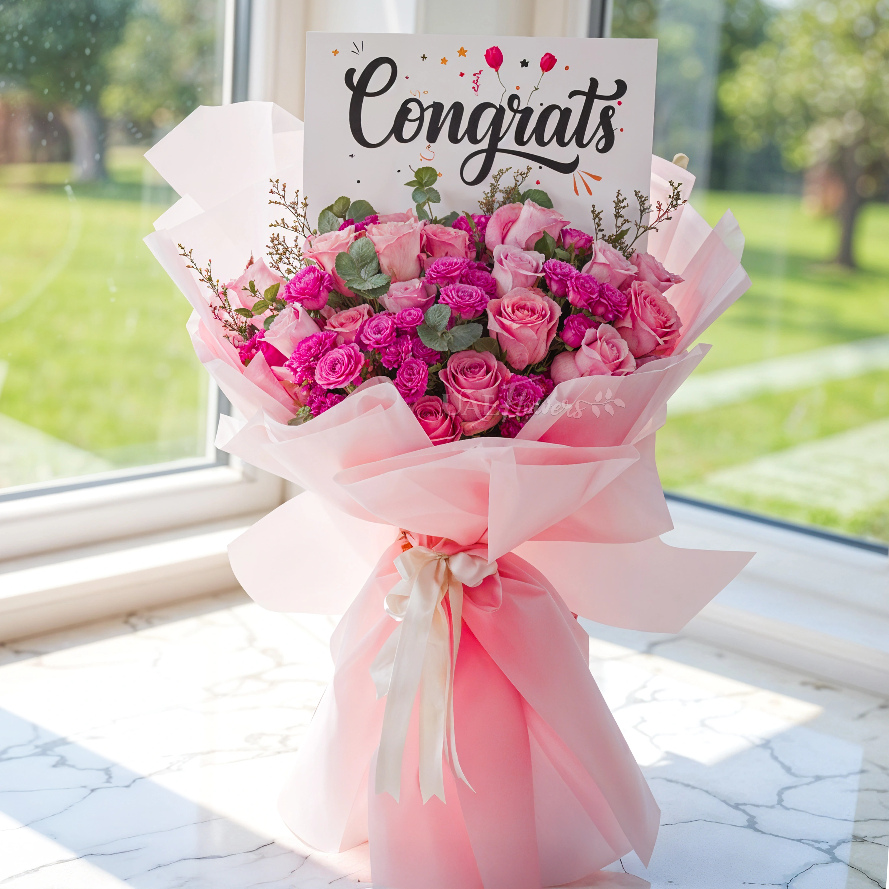 Bouquet of 15 pink roses and 5 pink spray roses with greens in nice wrapping.